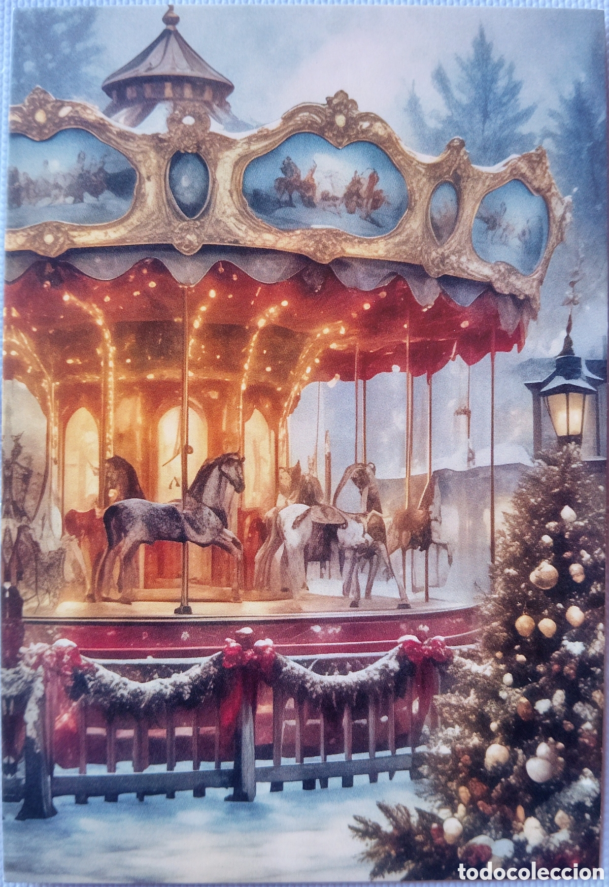 Postales: POSTAL NAVIDAD - TIOVIVO CABALLITOS CARRUSEL PAISAJE NEVADO - ESTILO ANTIGUO
