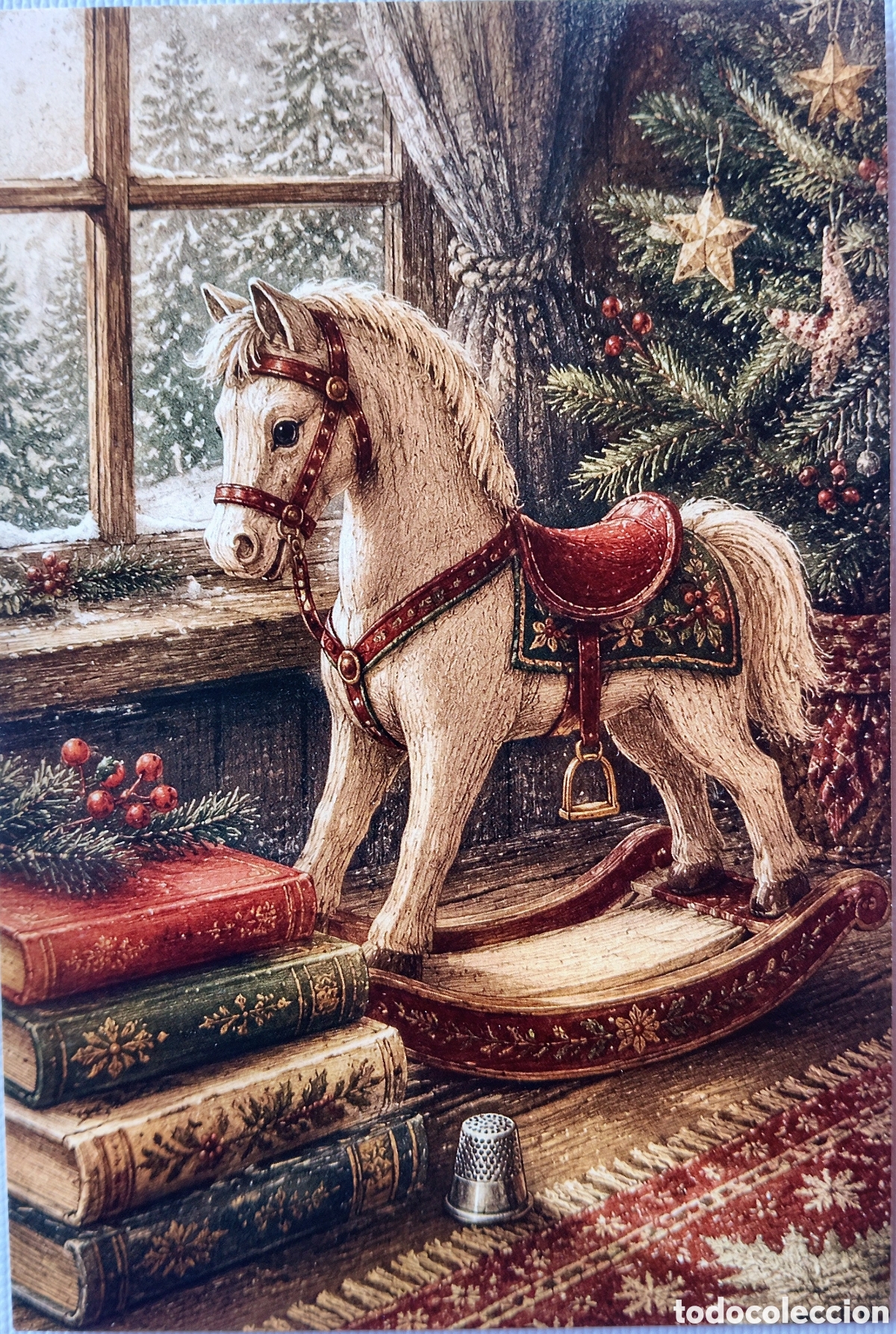 Postales: POSTAL NAVIDAD - DETALLE CABALLITO LIBROS VENTANA &Aacute;RBOL - ESTILO ANTIGUO
