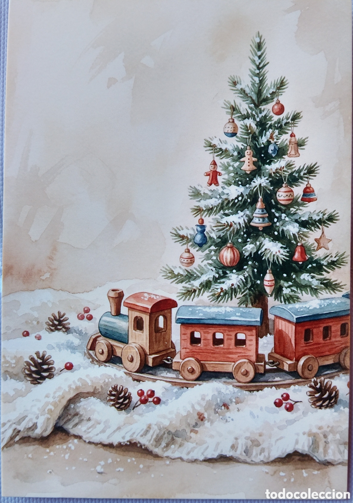 Postales: POSTAL NAVIDAD - DETALLE JUGUETE TREN MADERA &Aacute;RBOL - ESTILO ANTIGUO