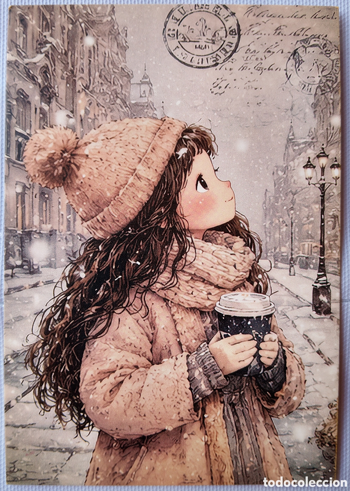 Postales: POSTAL NAVIDAD - NI&Ntilde;A TAZA PAISAJE NEVADO - ESTILO ANTIGUO