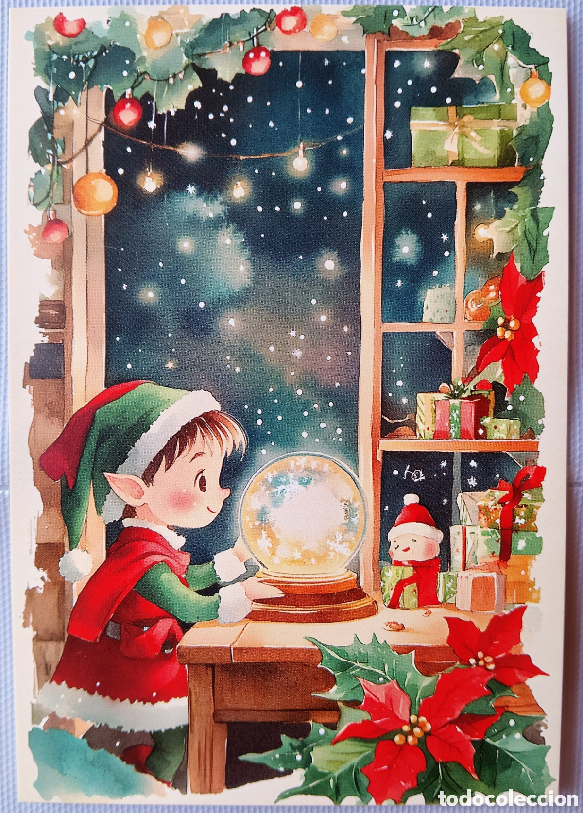 Postales: POSTAL NAVIDAD - ELFO BOLA DE NIEVE VENTANA - ESTILO ANTIGUO