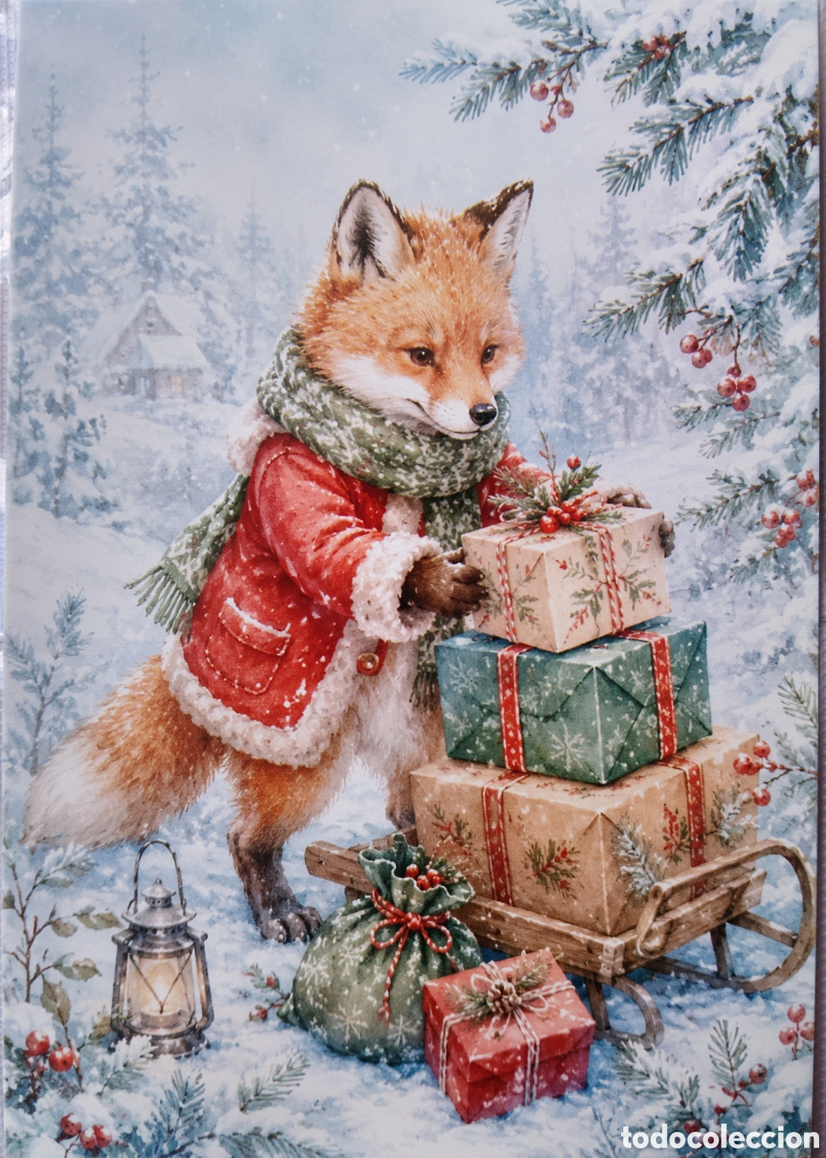 Postales: POSTAL NAVIDAD - ZORRO TRINEO REGALOS PAISAJE NEVADO - ESTILO ANTIGUO