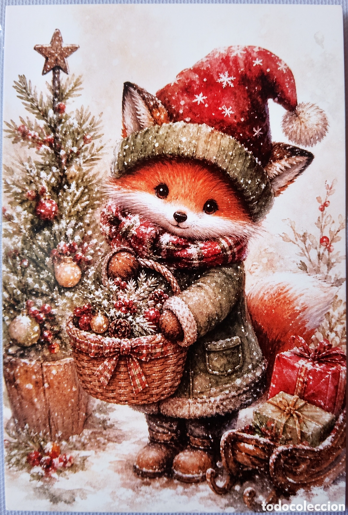 Postales: POSTAL NAVIDAD - ZORRO REGALOS &Aacute;RBOL PAISAJE NEVADO - ESTILO ANTIGUO