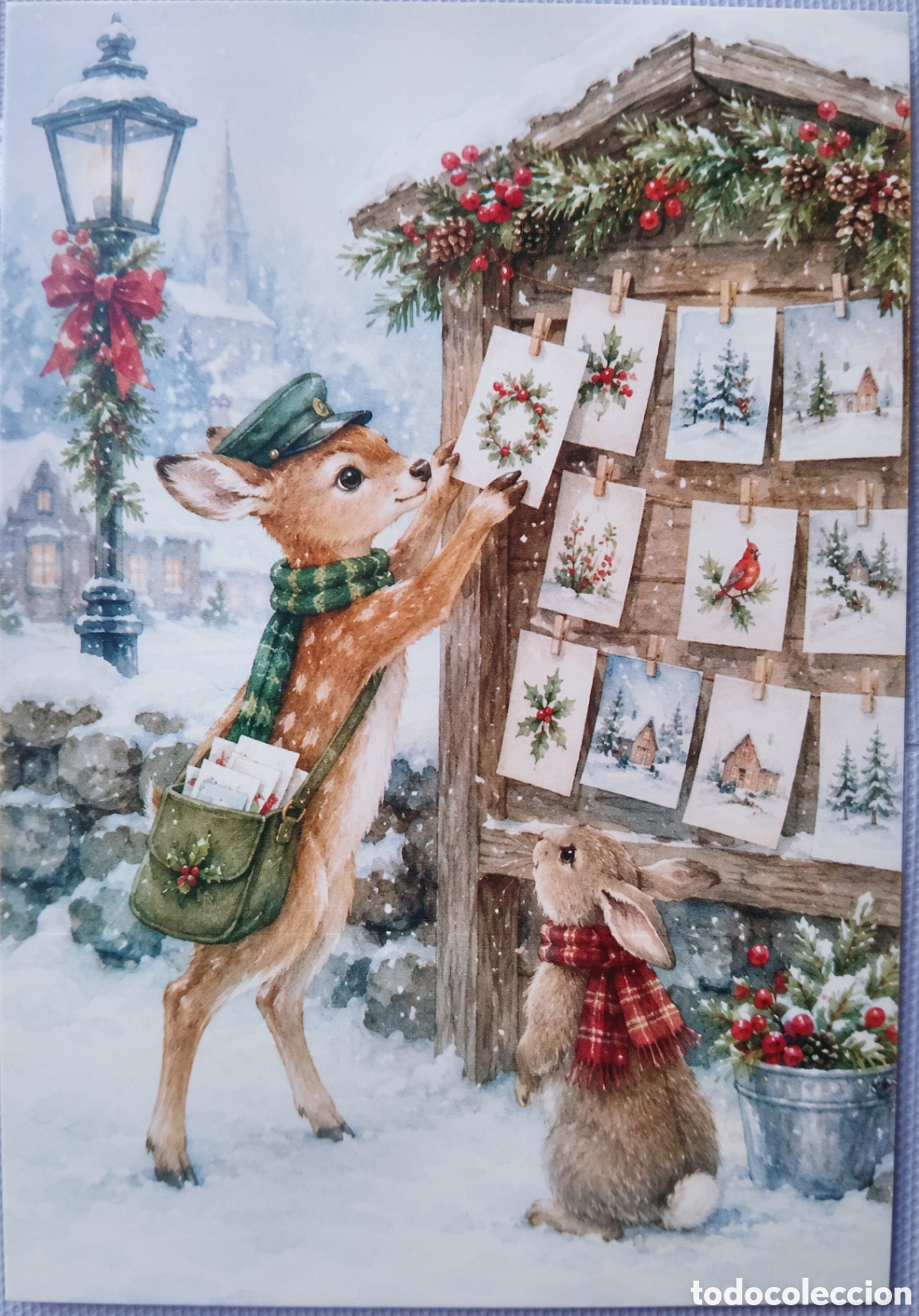 Postales: POSTAL NAVIDAD - CIERVO CONEJITO DIBUJOS PAISAJE NEVADO - ESTILO ANTIGUO