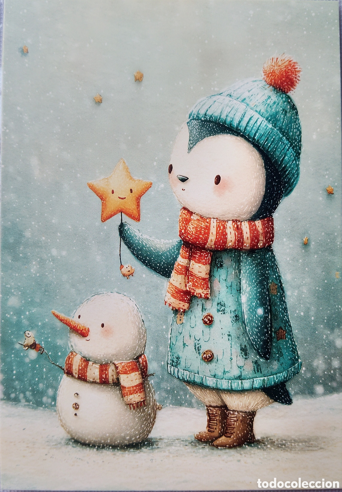 Postales: POSTAL NAVIDAD - PING&Uuml;INO ESTRELLA MU&Ntilde;ECO DE NIEVE PAISAJE NEVADO - ESTILO ANTIGUO