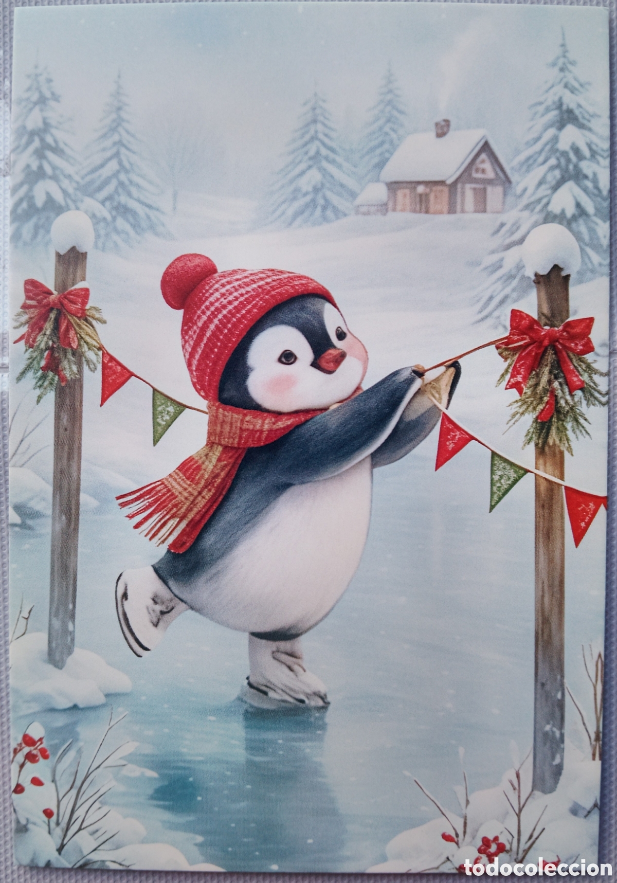 Postales: POSTAL NAVIDAD - PING&Uuml;INO PATINAJE HIELO PAISAJE NEVADO - ESTILO ANTIGUO