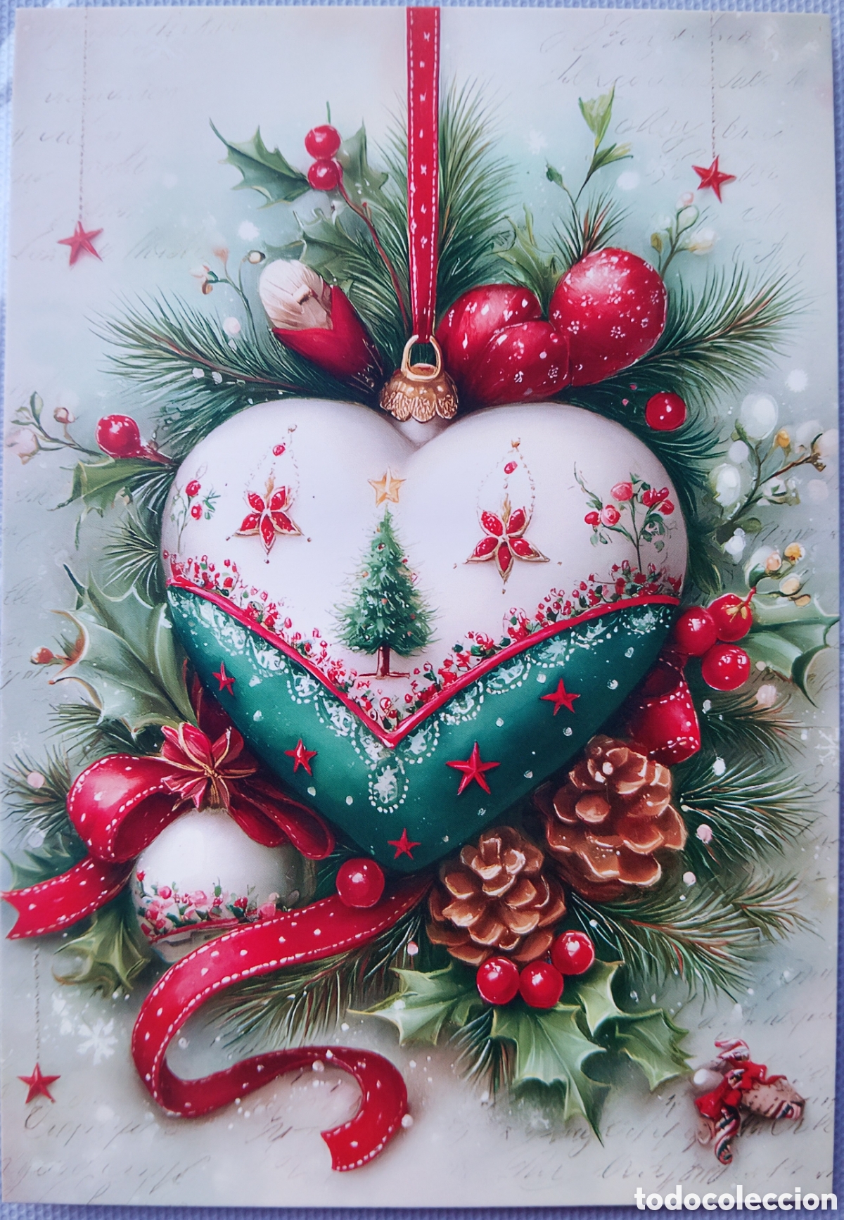 Postales: POSTAL NAVIDAD - BOLA CORAZ&Oacute;N ADORNOS - ESTILO ANTIGUO