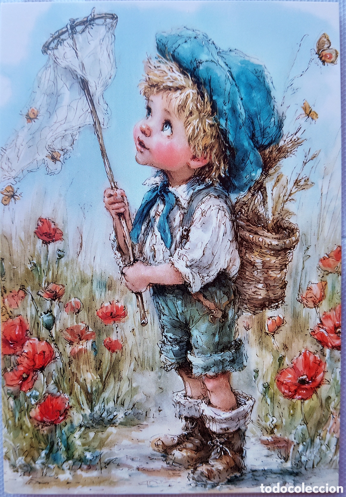 Postales: POSTAL - NI&Ntilde;O CAZAMARIPOSAS FLORES - ESTILO ANTIGUO