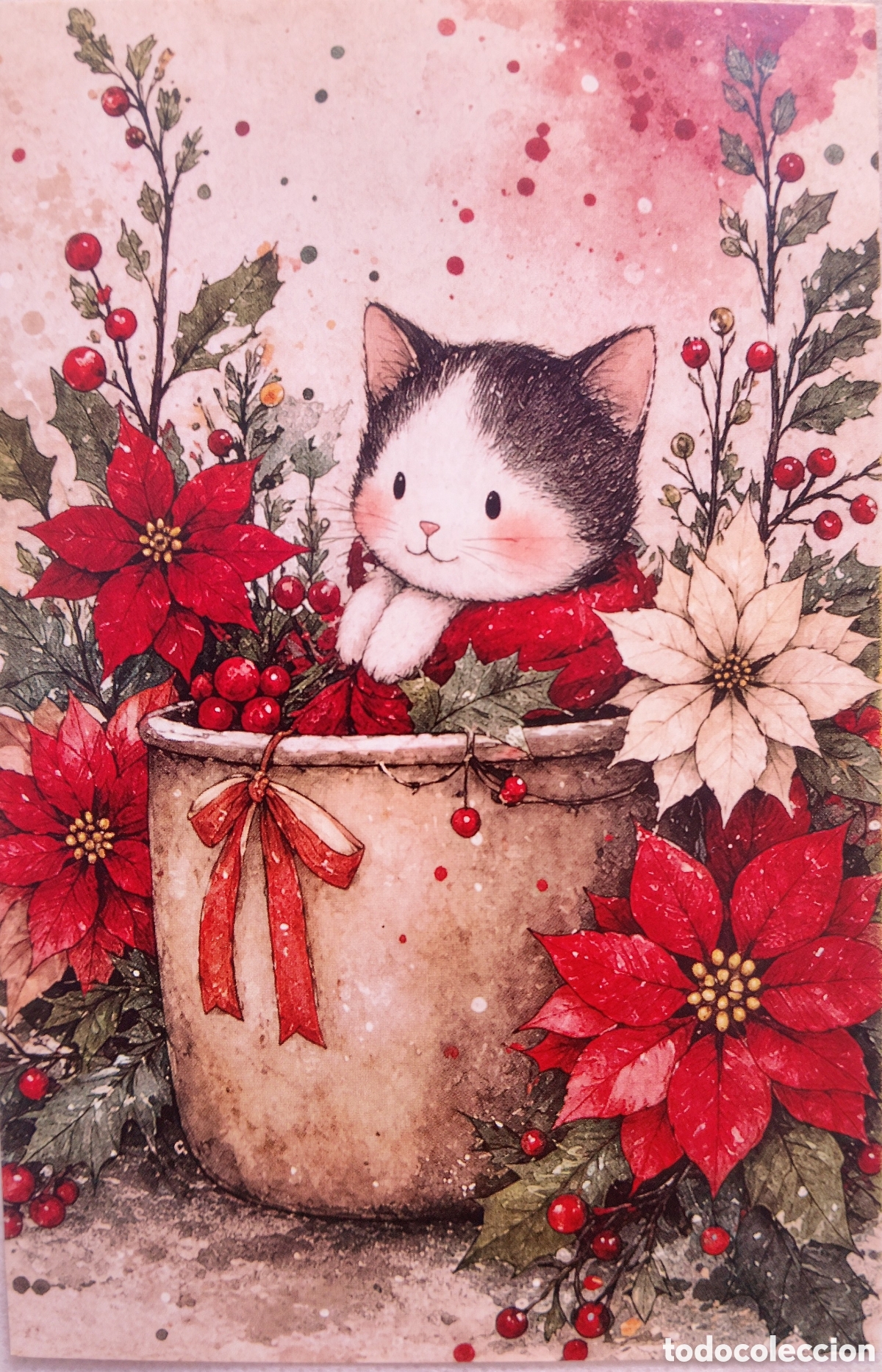 Postales: POSTAL NAVIDAD - GATITO GATO FLORES DE PASCUA - ESTILO ANTIGUO