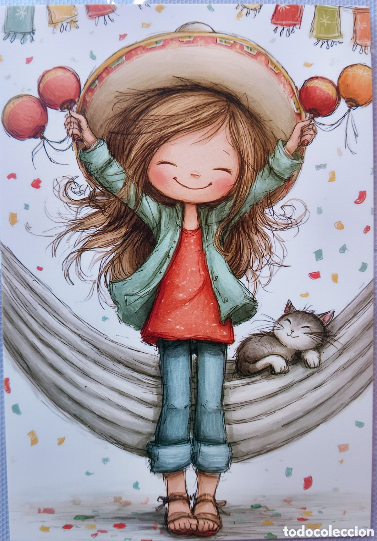 Postales: POSTAL NAVIDAD - NI&Ntilde;A GATITO GATO HAMACA - ESTILO ANTIGUO