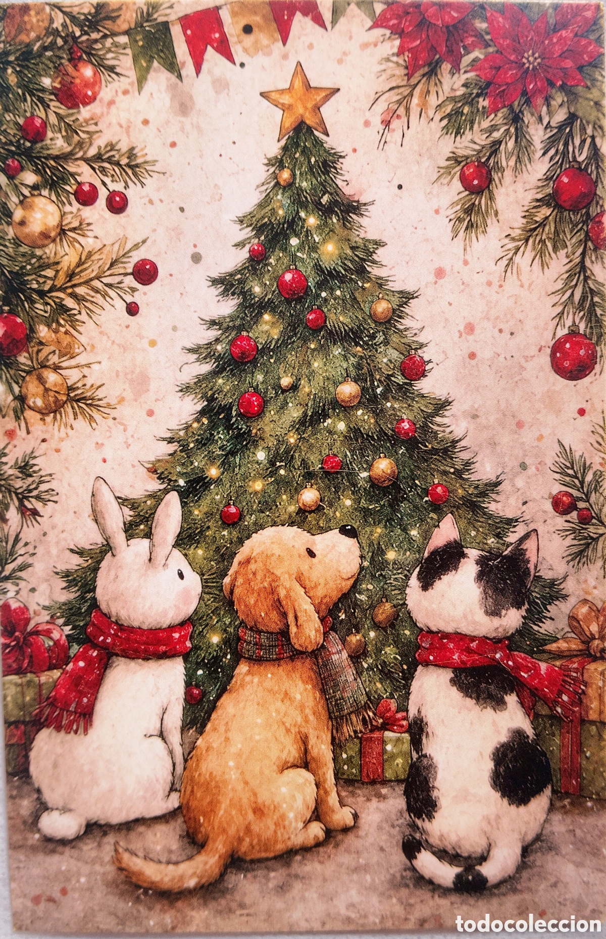 Postales: POSTAL NAVIDAD - &Aacute;RBOL CONEJO PERRO GATO - ESTILO ANTIGUO