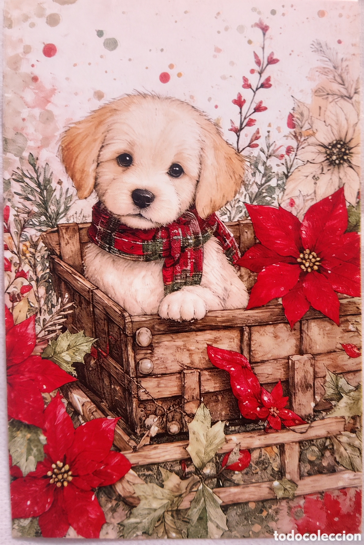 Postales: POSTAL NAVIDAD - PERRITO PERRO FLORES DE PASCUA - ESTILO ANTIGUO