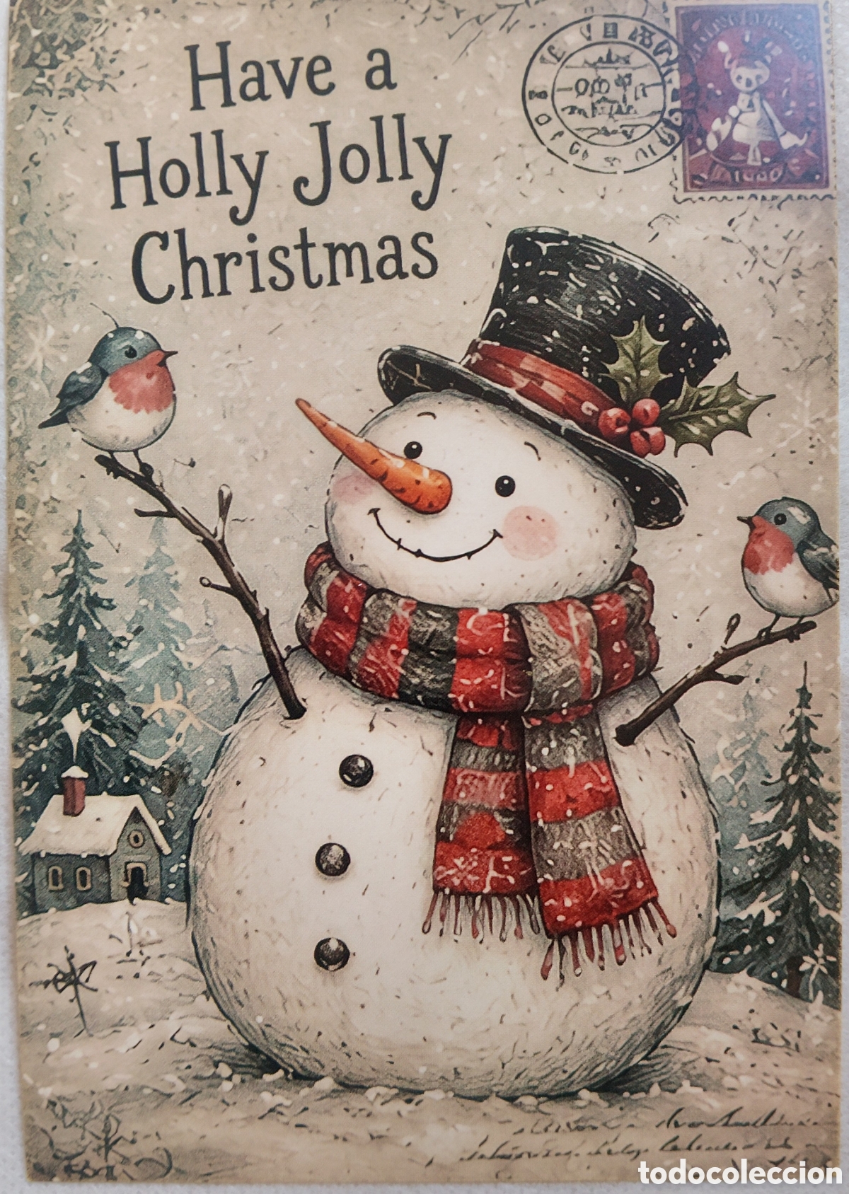 Postales: POSTAL NAVIDAD - MU&Ntilde;ECO DE NIEVE PAJARITOS PAISAJE NEVADO - ESTILO ANTIGUO