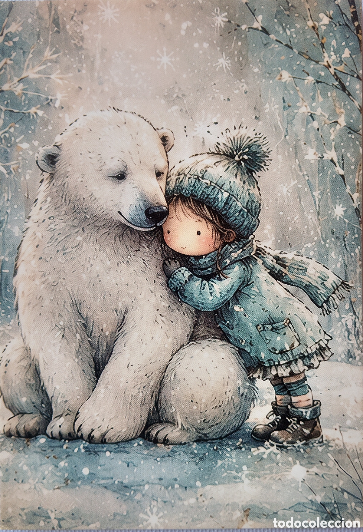 Postales: POSTAL NAVIDAD - NI&Ntilde;A OSO POLAR PAISAJE NEVADO - ESTILO ANTIGUO
