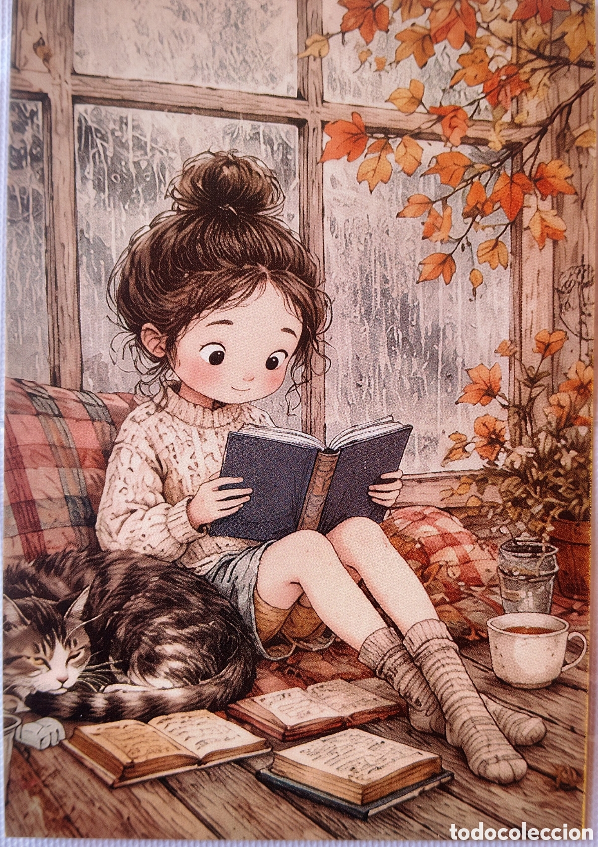 Postales: POSTAL NAVIDAD - NI&Ntilde;A LIBRO GATITO LLUVIA - ESTILO ANTIGUO