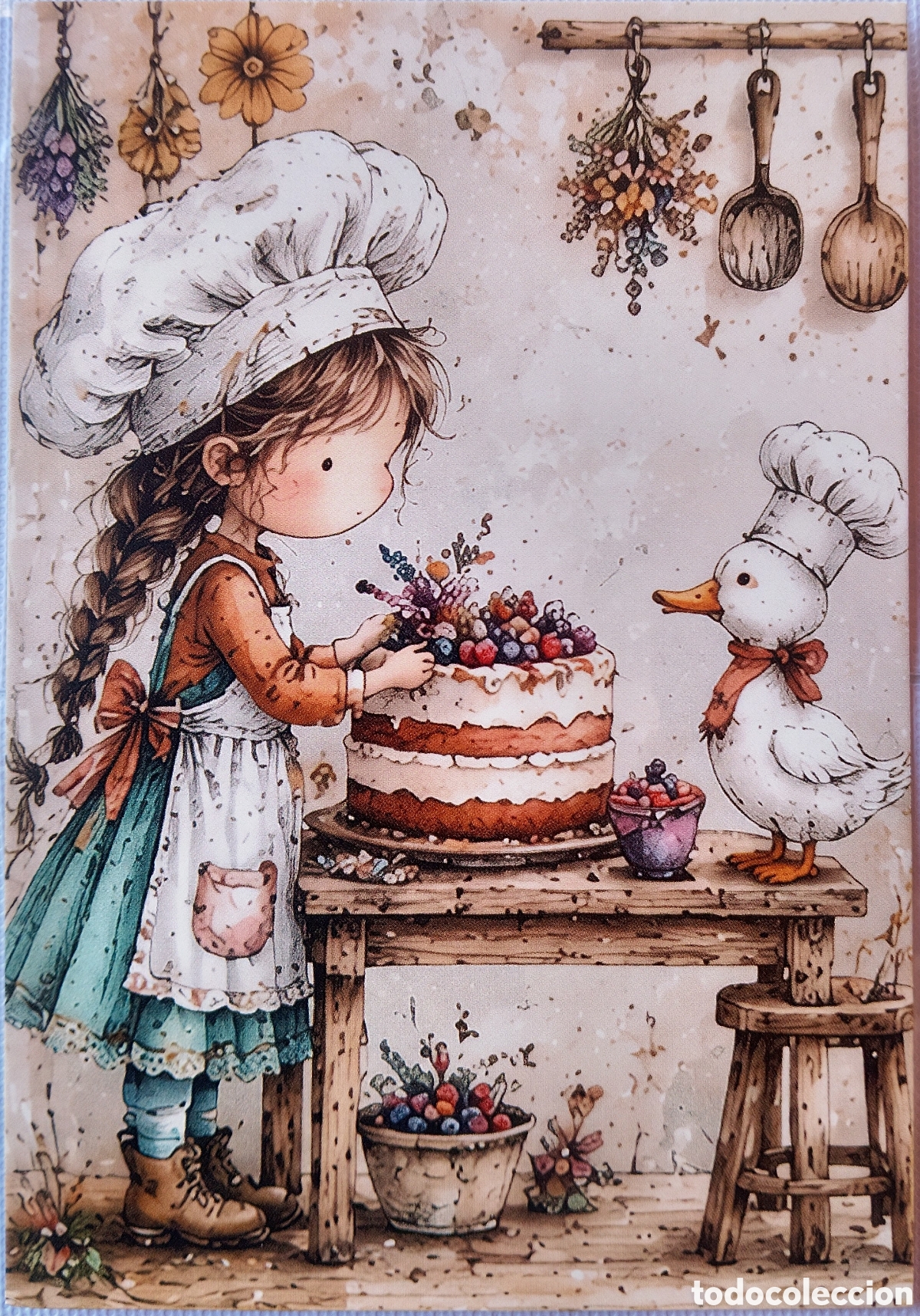 Postales: POSTAL NAVIDAD - NI&Ntilde;A COCINERA PATITO TARTA - ESTILO ANTIGUO