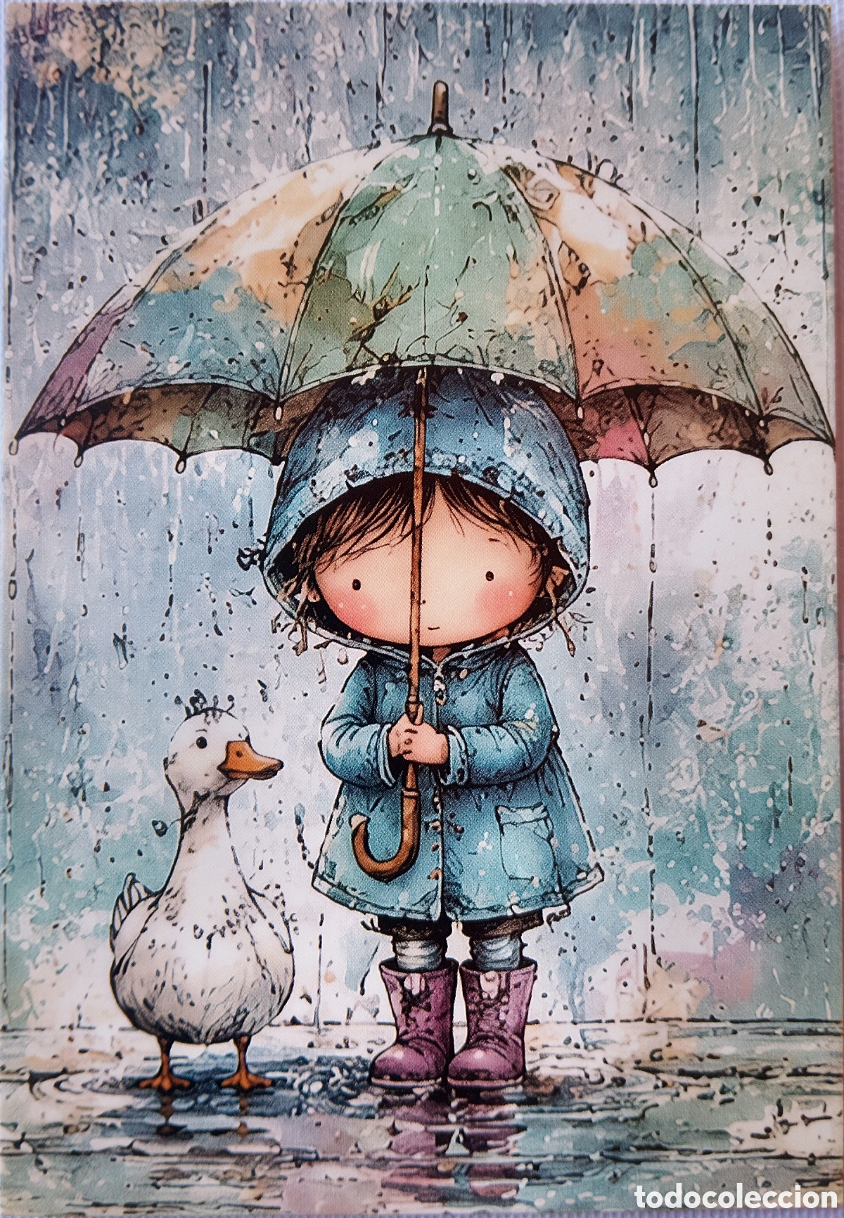 Postales: POSTAL NAVIDAD - NI&Ntilde;O PATITO PARAGUAS LLUVIA - ESTILO ANTIGUO