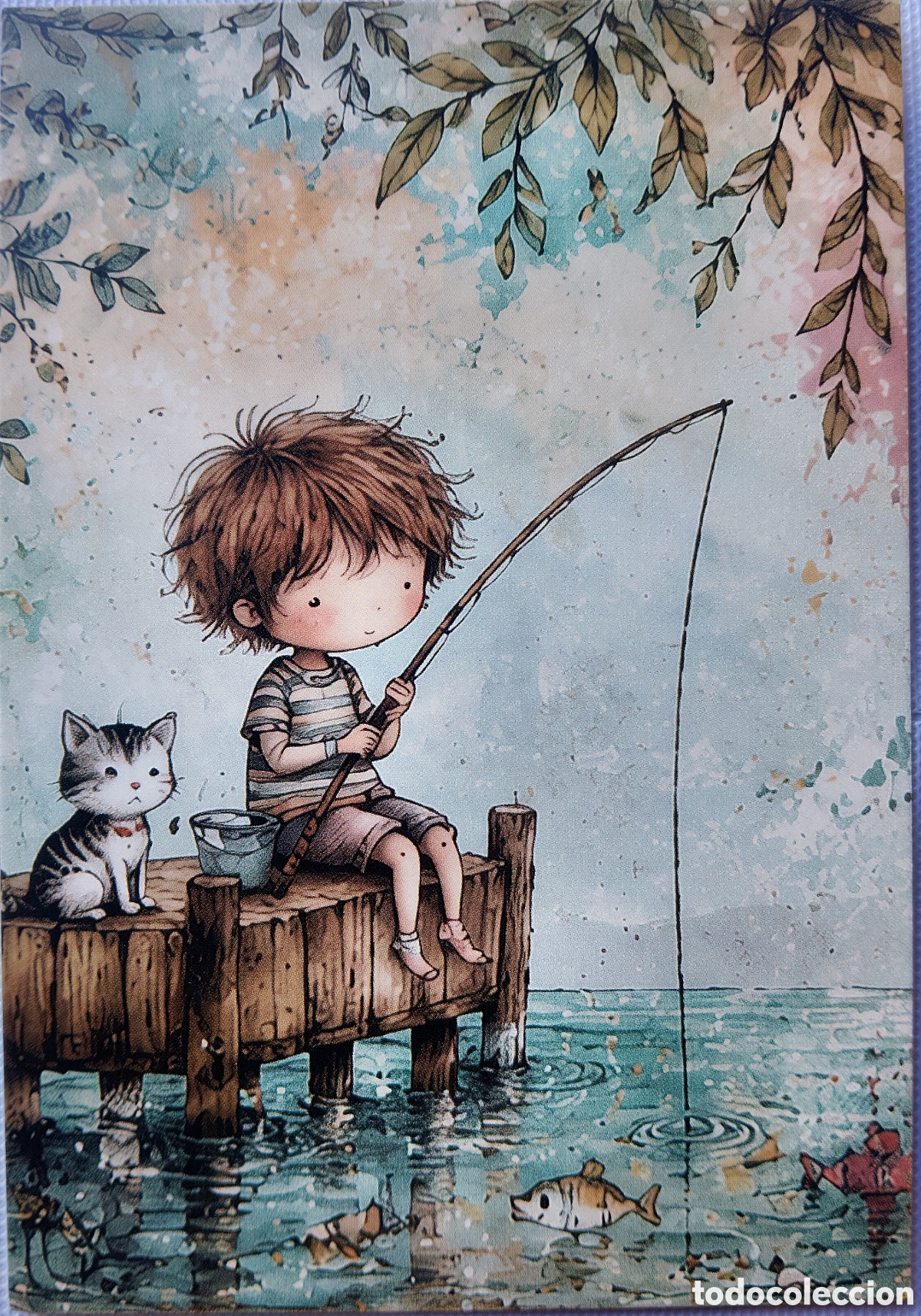 Postales: POSTAL NAVIDAD - NI&Ntilde;O GATITO PESCA - ESTILO ANTIGUO