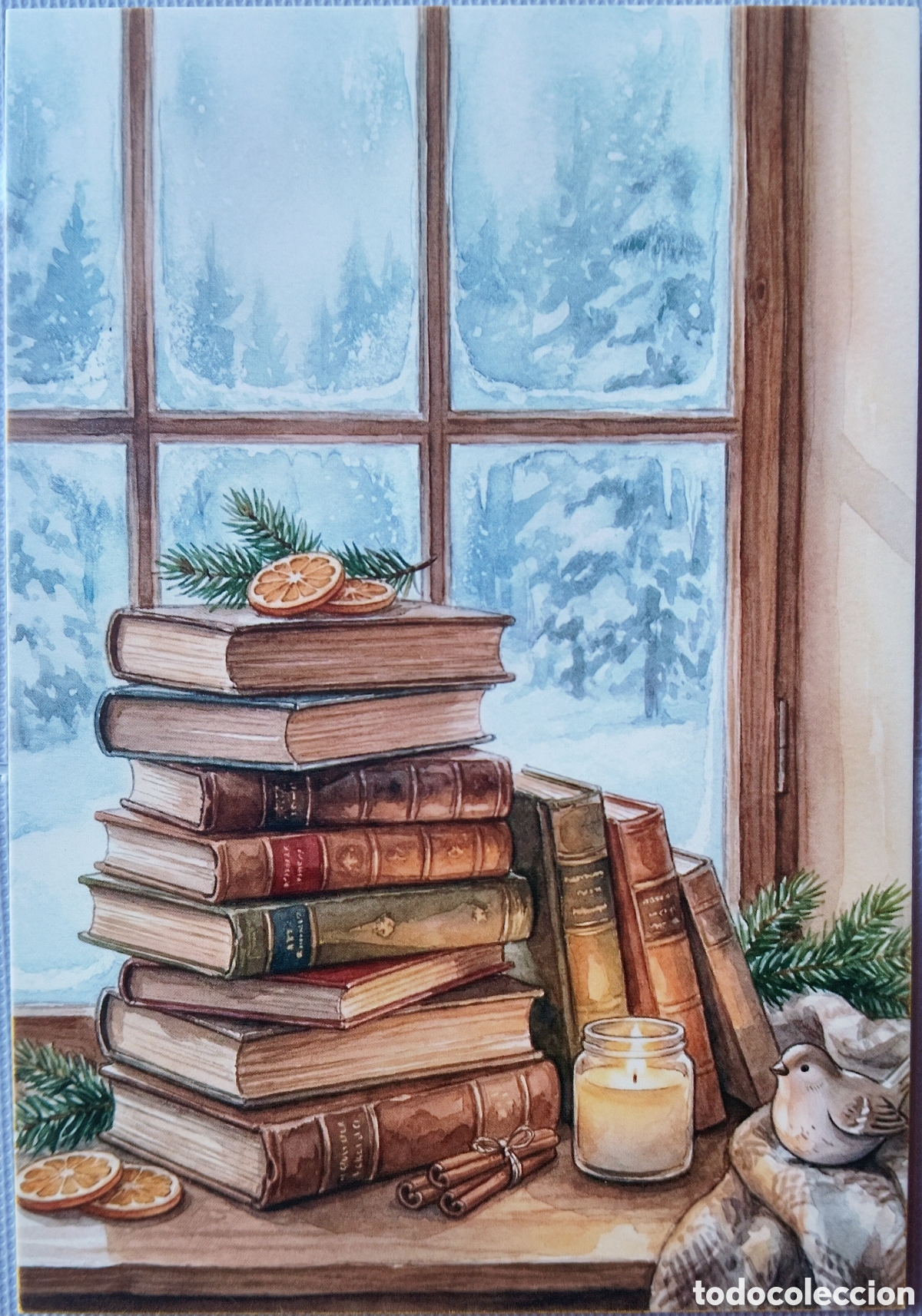 Postales: POSTAL NAVIDAD - DETALLE LIBROS VENTANA PAISAJE NEVADO - ESTILO ANTIGUO
