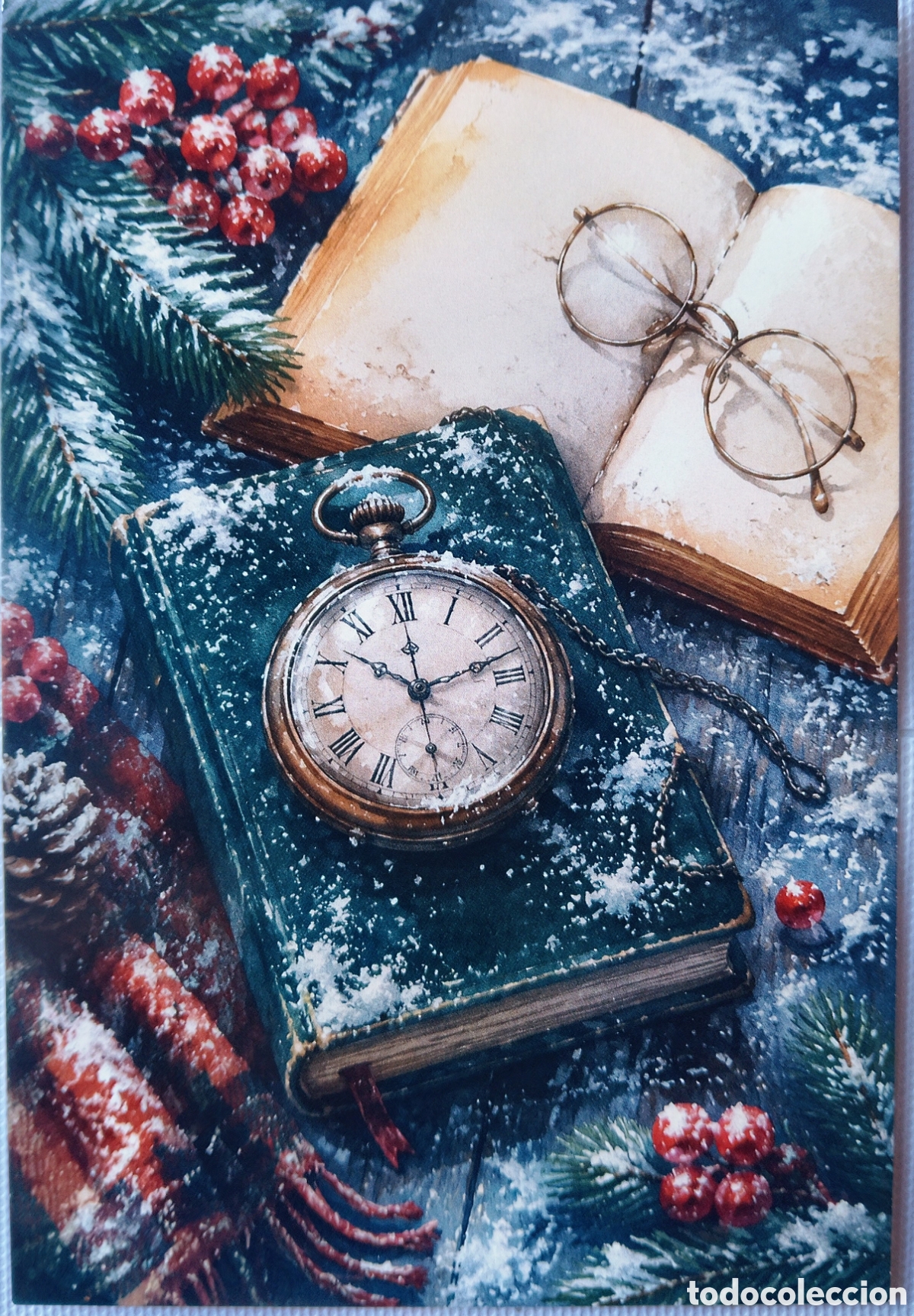 Postales: POSTAL NAVIDAD - DETALLE RELOJ BOLSILLO LIBROS GAFAS NIEVE - ESTILO ANTIGUO