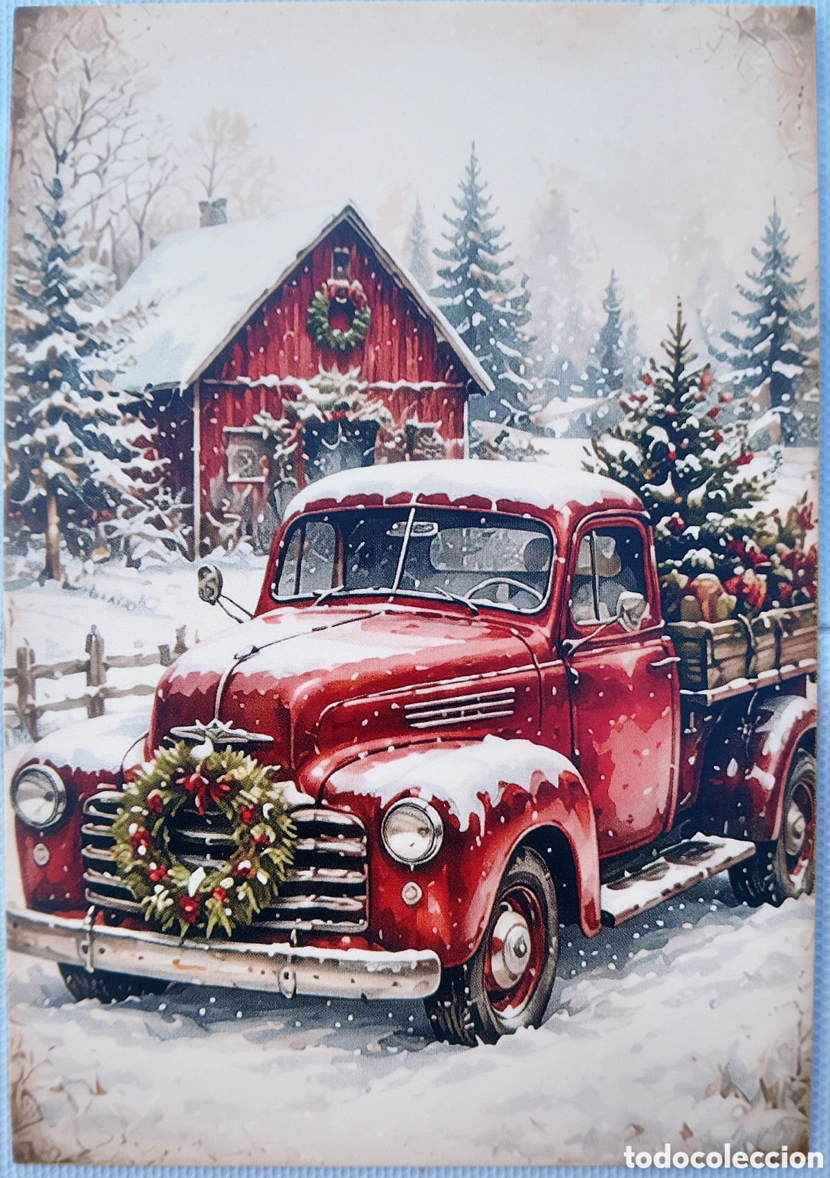 Postales: POSTAL NAVIDAD - CASA CAMIONETA &Aacute;RBOL REGALOS PAISAJE NEVADO - ESTILO ANTIGUO