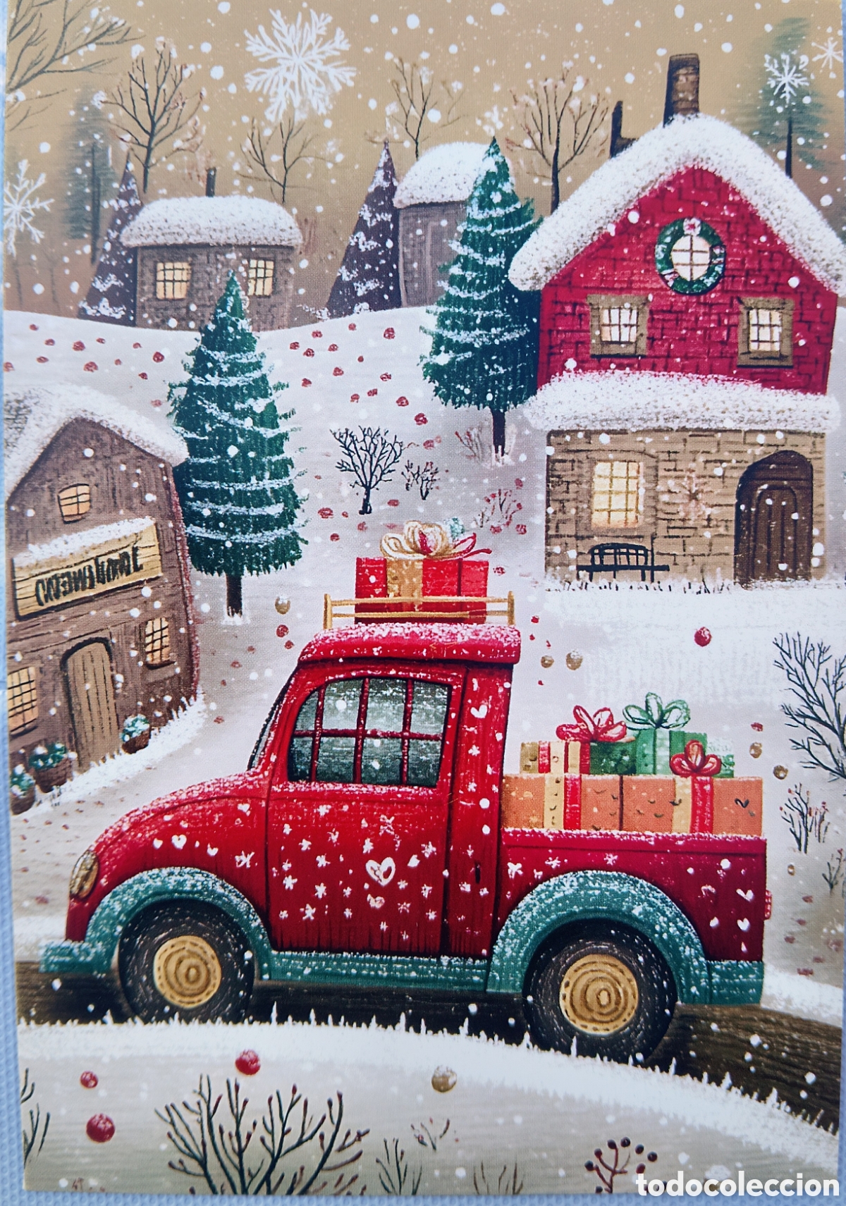 Postales: POSTAL NAVIDAD - CASITAS CAMIONETA REGALOS PAISAJE NEVADO - ESTILO ANTIGUO