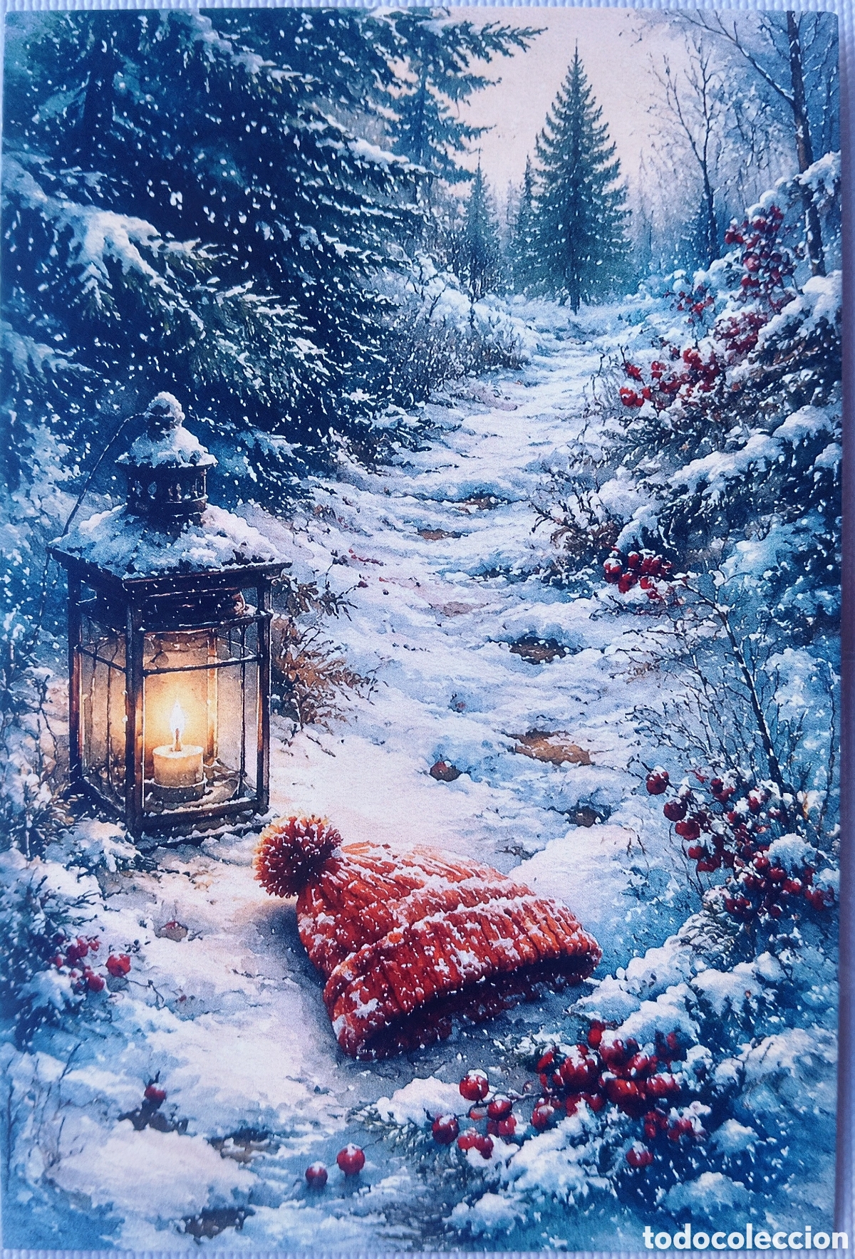 Postales: POSTAL NAVIDAD - FAROL CANDIL GORRO PAISAJE NEVADO - ESTILO ANTIGUO