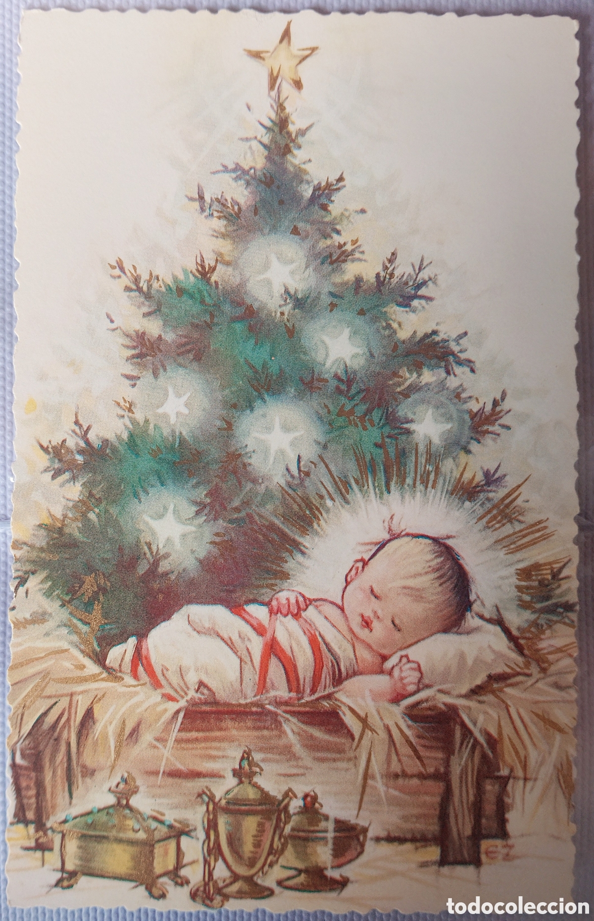 Postkarten: FELICITACI&Oacute;N NAVIDAD ANTIGUA - EZ - NI&Ntilde;O JES&Uacute;S ORO INCIENSO MIRRA &Aacute;RBOL REYES MAGOS