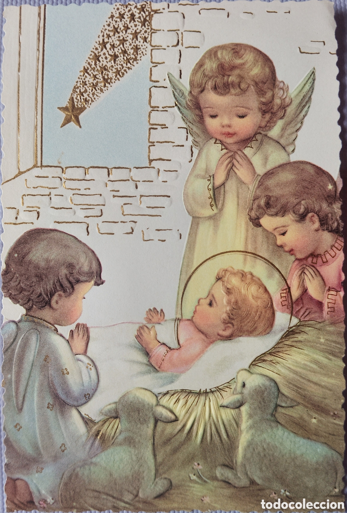Postkarten: FELICITACI&Oacute;N ANTIGUA RELIEVE - NI&Ntilde;O JES&Uacute;S PESEBRE ANGELITOS