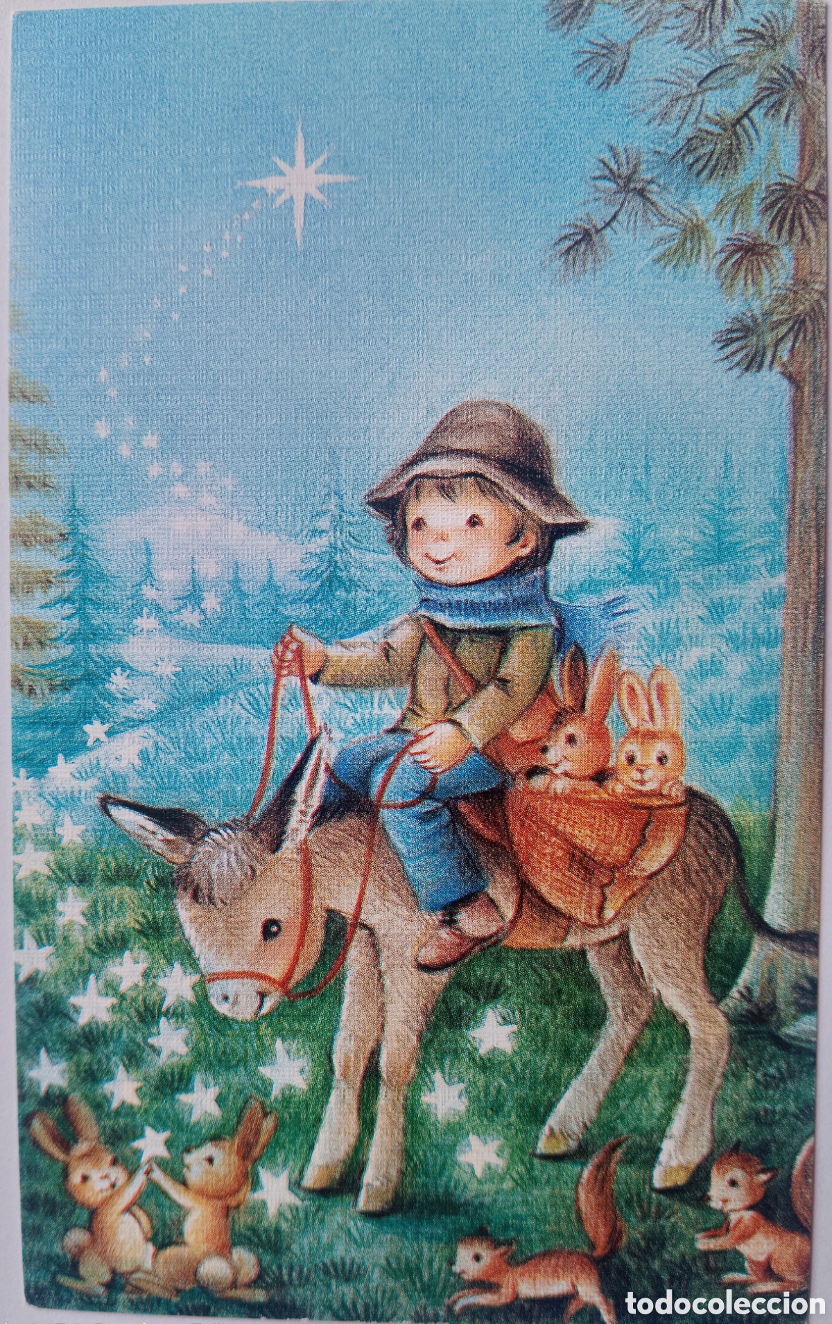 Postales: FELICITACI&Oacute;N NAVIDAD - NI&Ntilde;O BURRITO CONEJITOS ARDILLAS PAISAJE NEVADO
