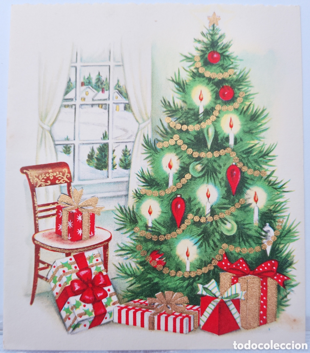 Postcards: FELICITACI&Oacute;N NAVIDAD ANTIGUA - ESCENA HOGARE&Ntilde;A &Aacute;RBOL REGALOS VENTANA PAISAJE NEVADO