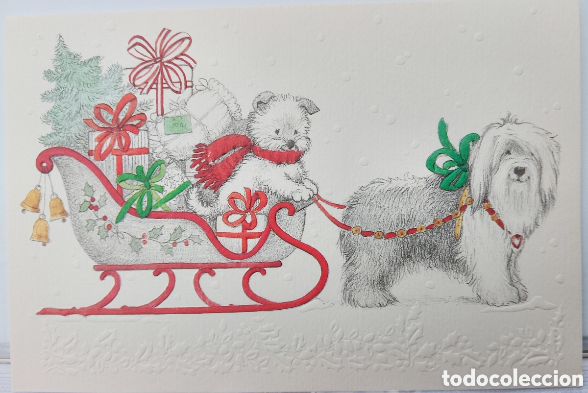 Postkarten: FELICITACI&Oacute;N NAVIDAD RELIEVE - &iquest;MARTA RIBAS? - EDICIONES BUSQUETS - PERRITOS TRINEO REGALOS