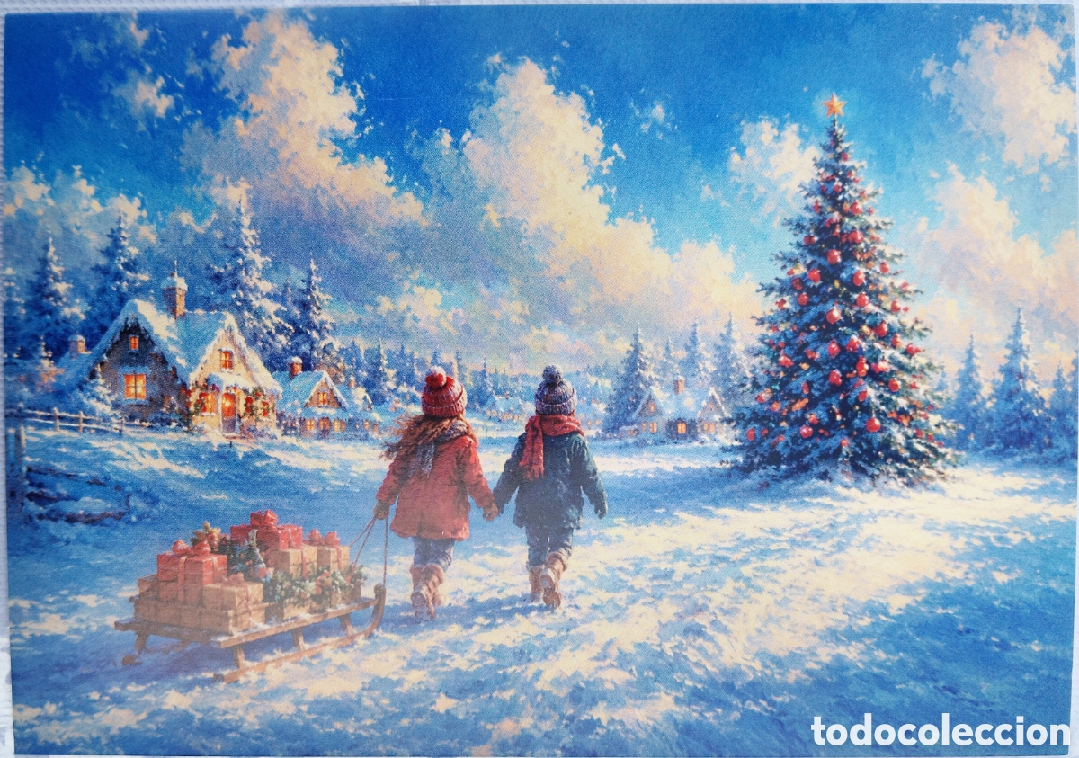 Postcards: POSTAL NAVIDAD - NI&Ntilde;OS TRINEO &Aacute;RBOL PAISAJE NEVADO - ESTILO ANTIGUO