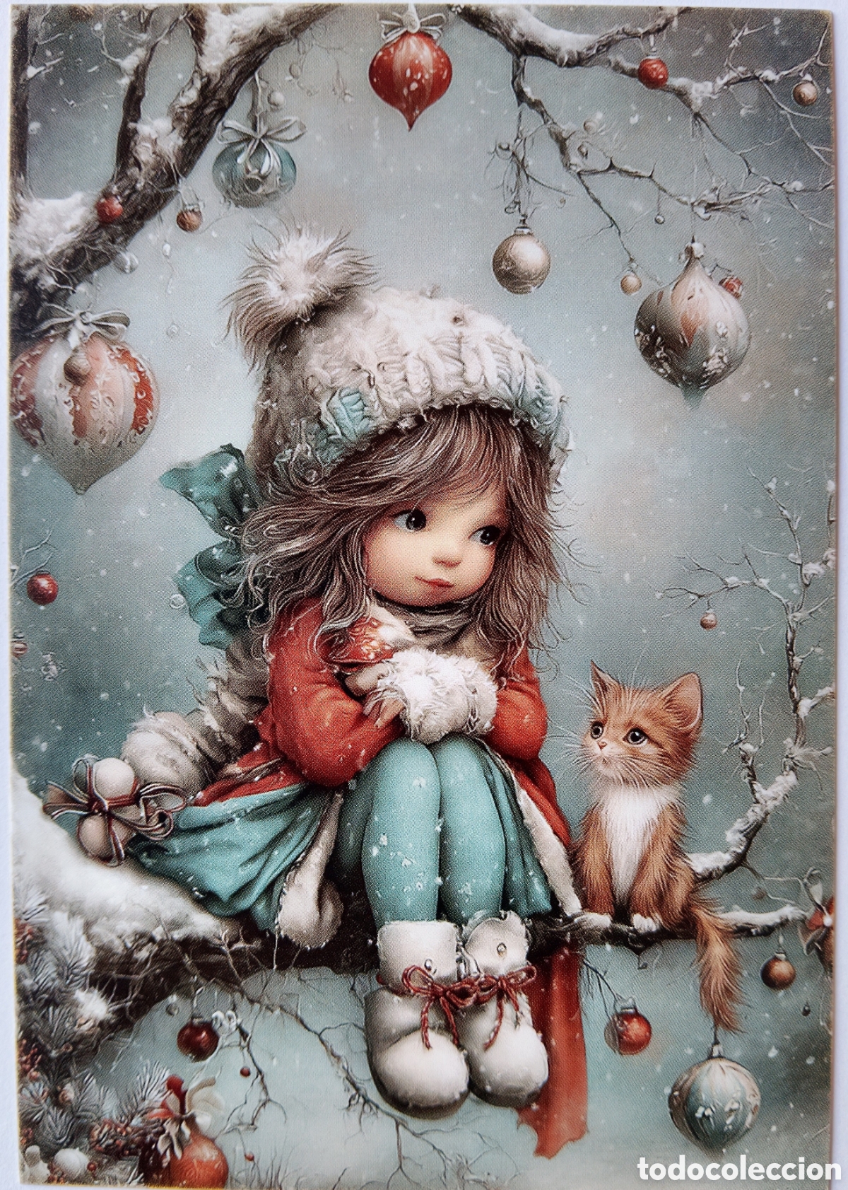Postcards: POSTAL NAVIDAD - NI&Ntilde;A GATITO &Aacute;RBOL BOLAS PAISAJE NEVADO - ESTILO ANTIGUO