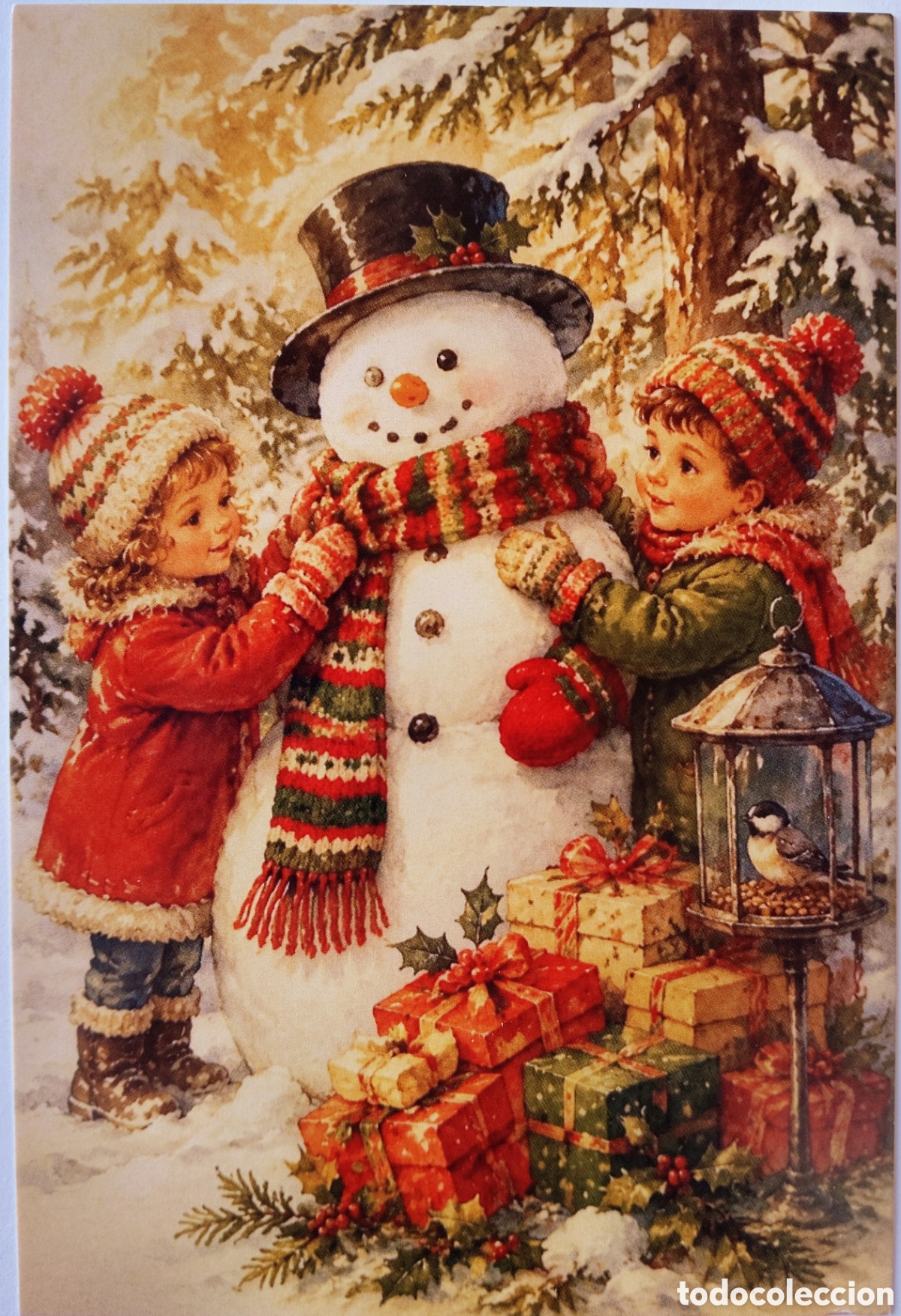 Postcards: POSTAL NAVIDAD - NI&Ntilde;OS MU&Ntilde;ECO DE NIEVE PAJARITO PAISAJE NEVADO - ESTILO ANTIGUO