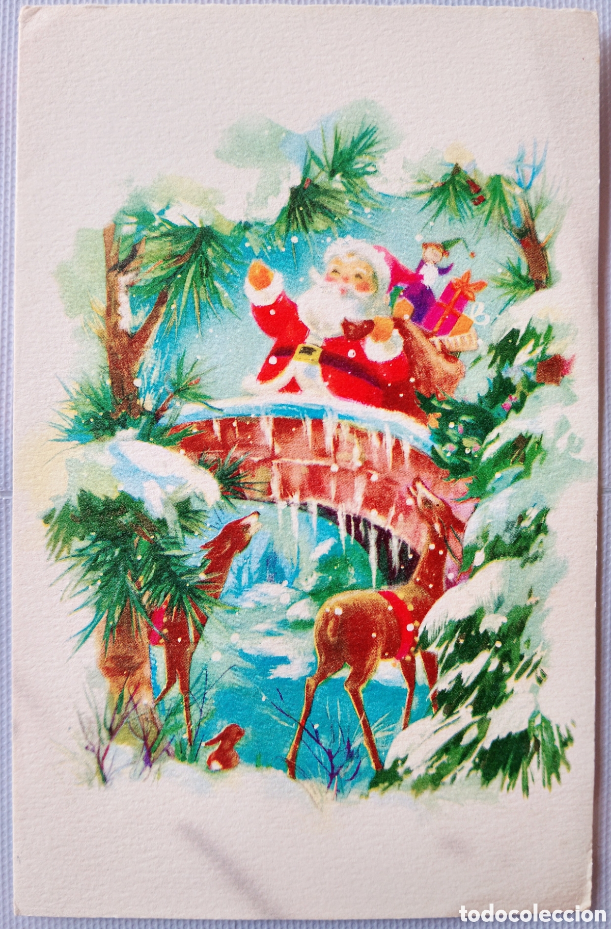 Postales: FELICITACI&Oacute;N NAVIDAD ANTIGUA - EDICIONES AMERICAN GREETINGS - PAP&Aacute; NOEL RENOS PAISAJE NEVADO