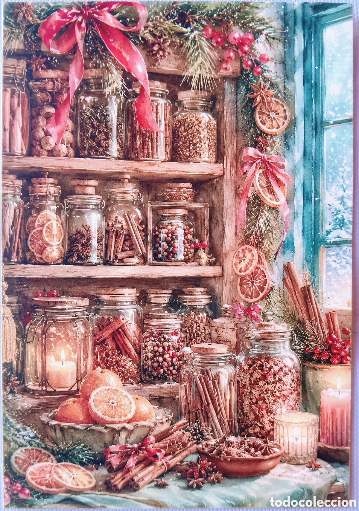 Postales: POSTAL NAVIDAD - DETALLE BOTES ESPECIAS VELAS PAISAJE NEVADO - ESTILO ANTIGUO