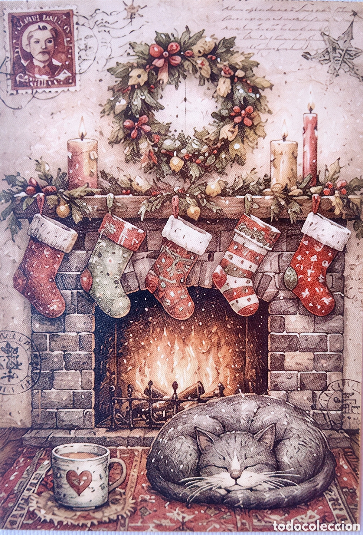 Postales: POSTAL NAVIDAD - ESCENA HOGARE&Ntilde;A CHIMENEA GATO GATITO - ESTILO ANTIGUO