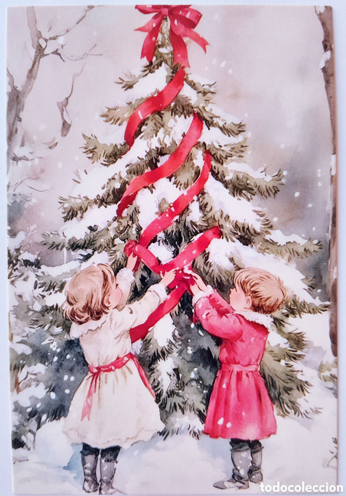 Postales: POSTAL NAVIDAD - NI&Ntilde;OS &Aacute;RBOL PAISAJE NEVADO - ESTILO ANTIGUO