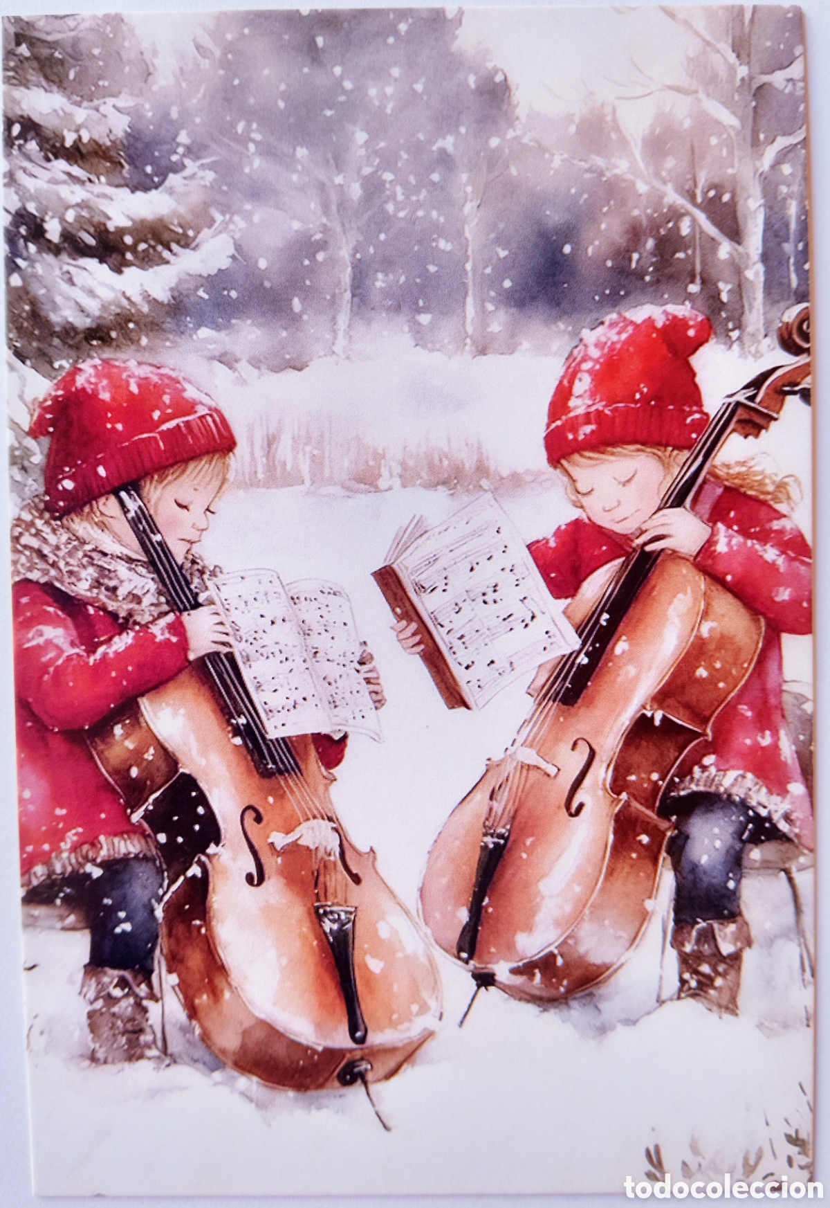 Postales: POSTAL NAVIDAD - NI&Ntilde;AS VIOLONCHELOS PAISAJE NEVADO - ESTILO ANTIGUO
