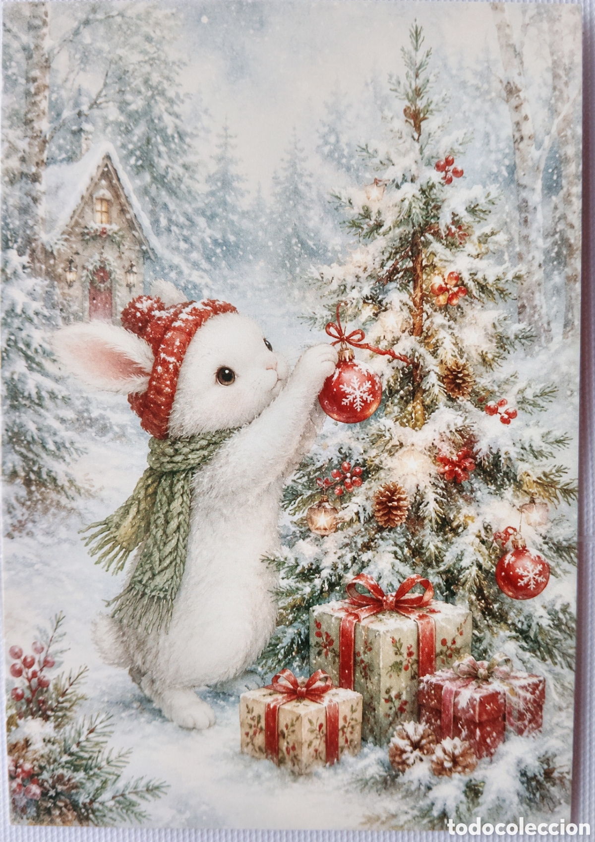 Postales: POSTAL NAVIDAD - CONEJITO &Aacute;RBOL PAISAJE NEVADO - ESTILO ANTIGUO