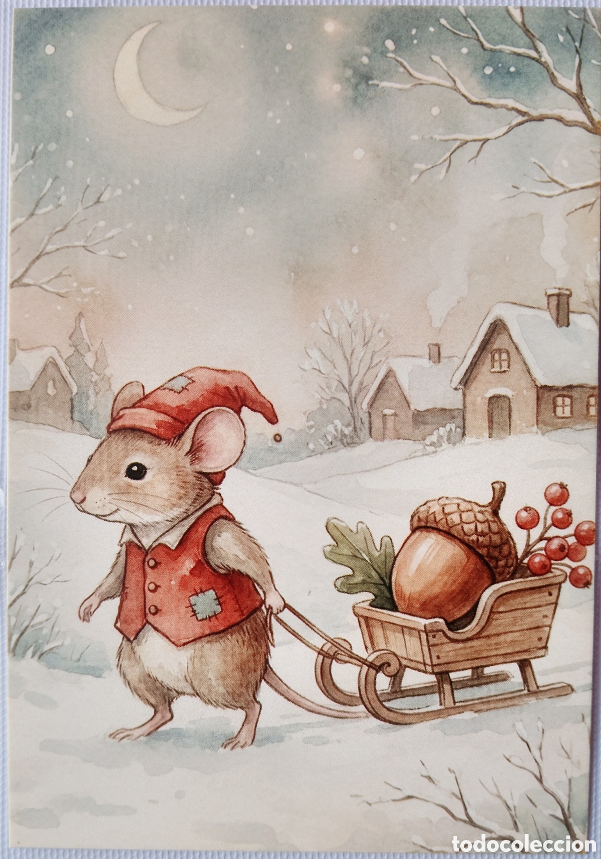 Postales: POSTAL NAVIDAD - RATONCITO TRINEO BELLOTA PAISAJE NEVADO - ESTILO ANTIGUO