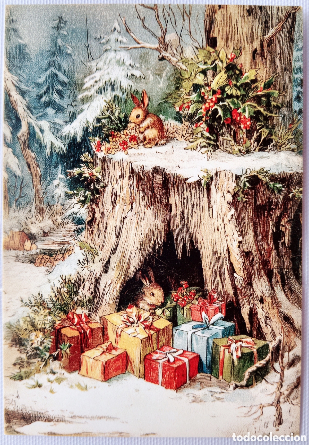 Postales: POSTAL NAVIDAD - CONEJITOS REGALOS MADRIGUERA PAISAJE NEVADO - ESTILO ANTIGUO