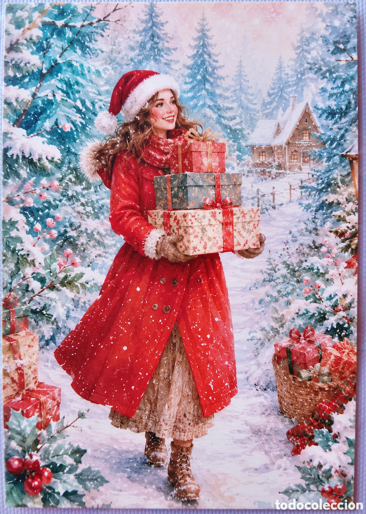 Postales: POSTAL NAVIDAD - CHICA REGALOS PAISAJE NEVADO - ESTILO ANTIGUO