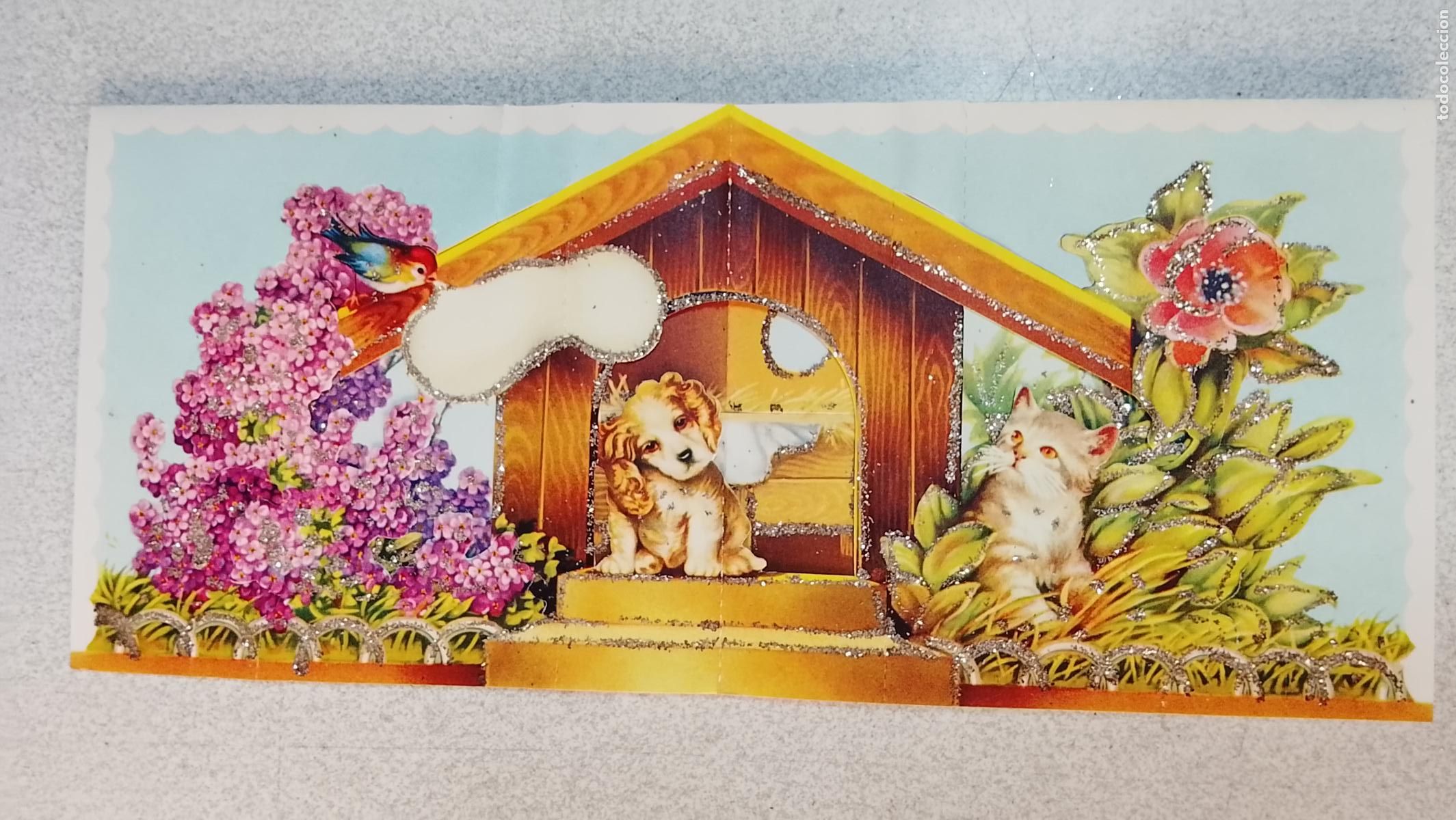 Postales: Antigua felicitaci&oacute;n de Navidad troquelada purpurina