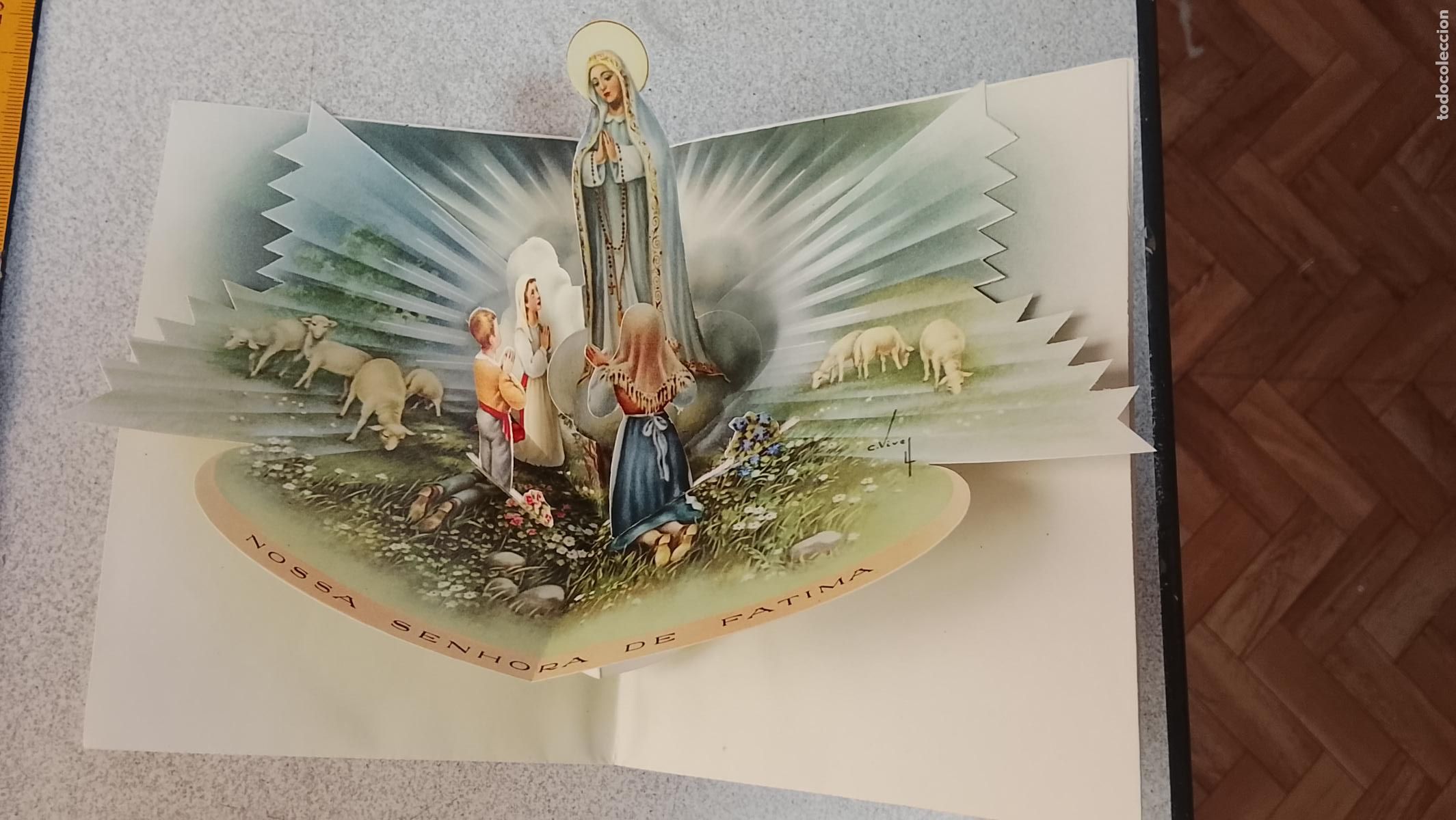 Postales: Antigua felicitaci&oacute;n de Navidad troquelada purpurina Virgen de F&aacute;tima