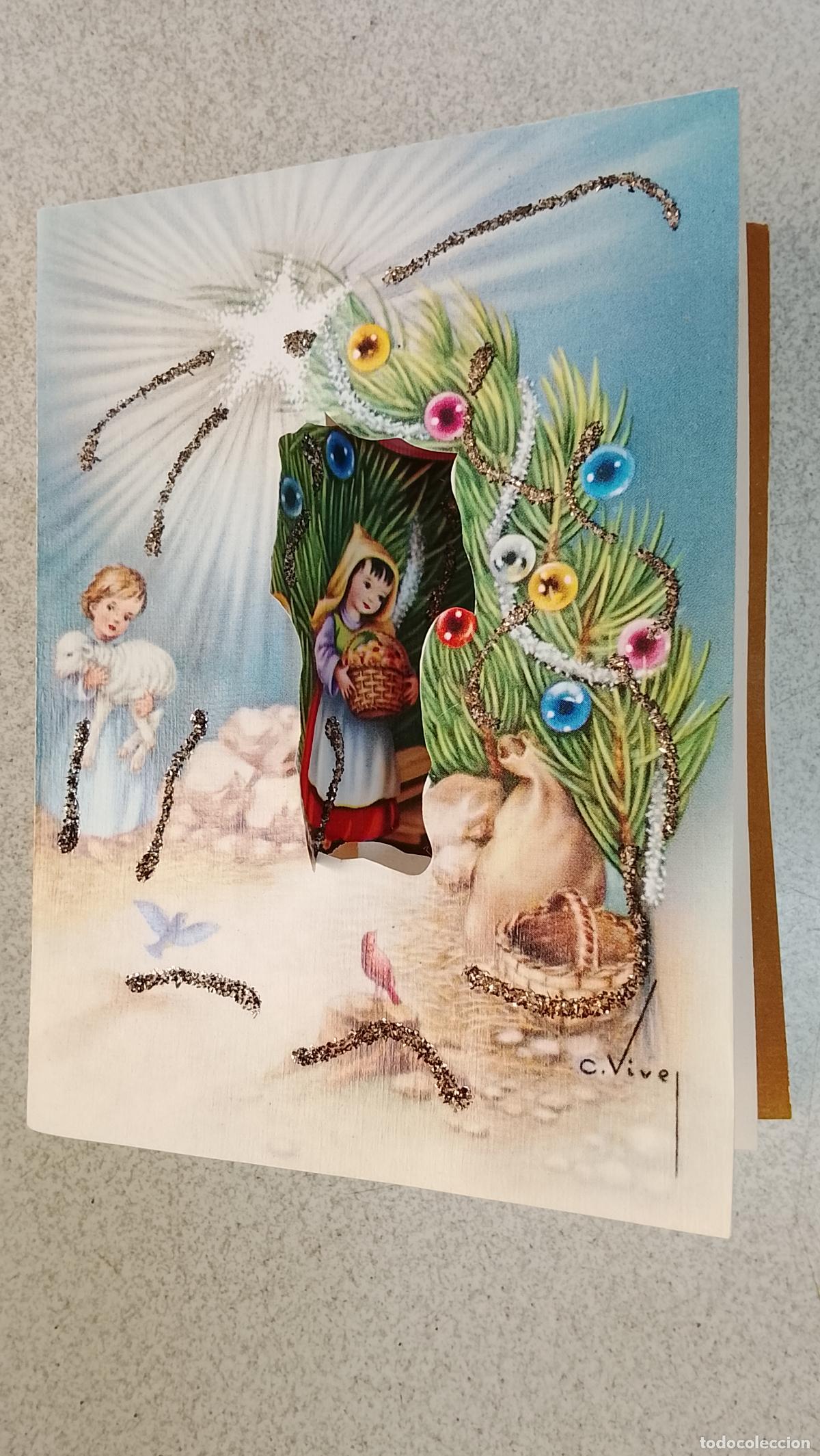 Postales: Antigua felicitaci&oacute;n de Navidad troquelada purpurina Virgen nacimiento Bel&eacute;n