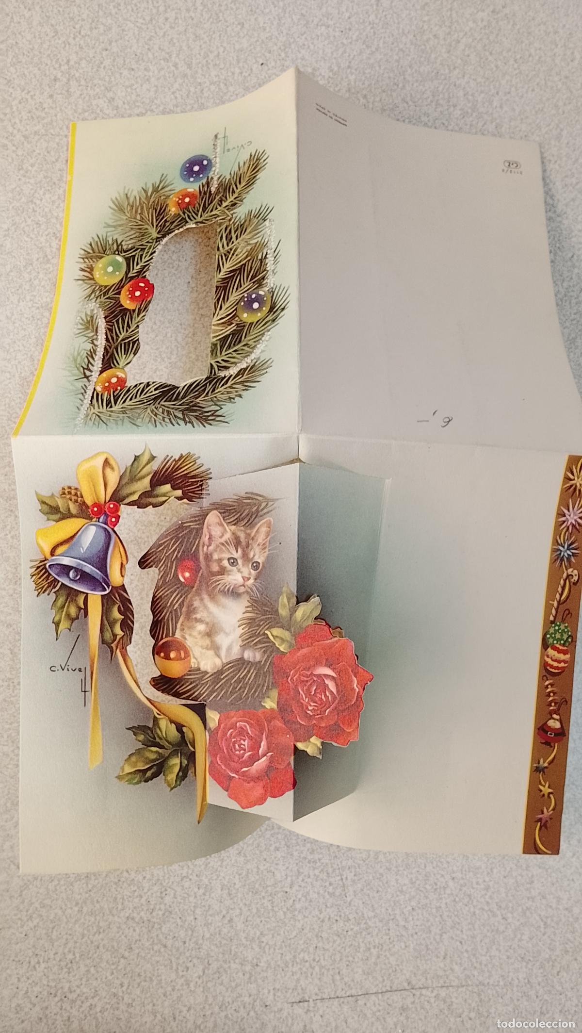Postales: Antigua felicitaci&oacute;n de Navidad troquelada gato Navidad vives