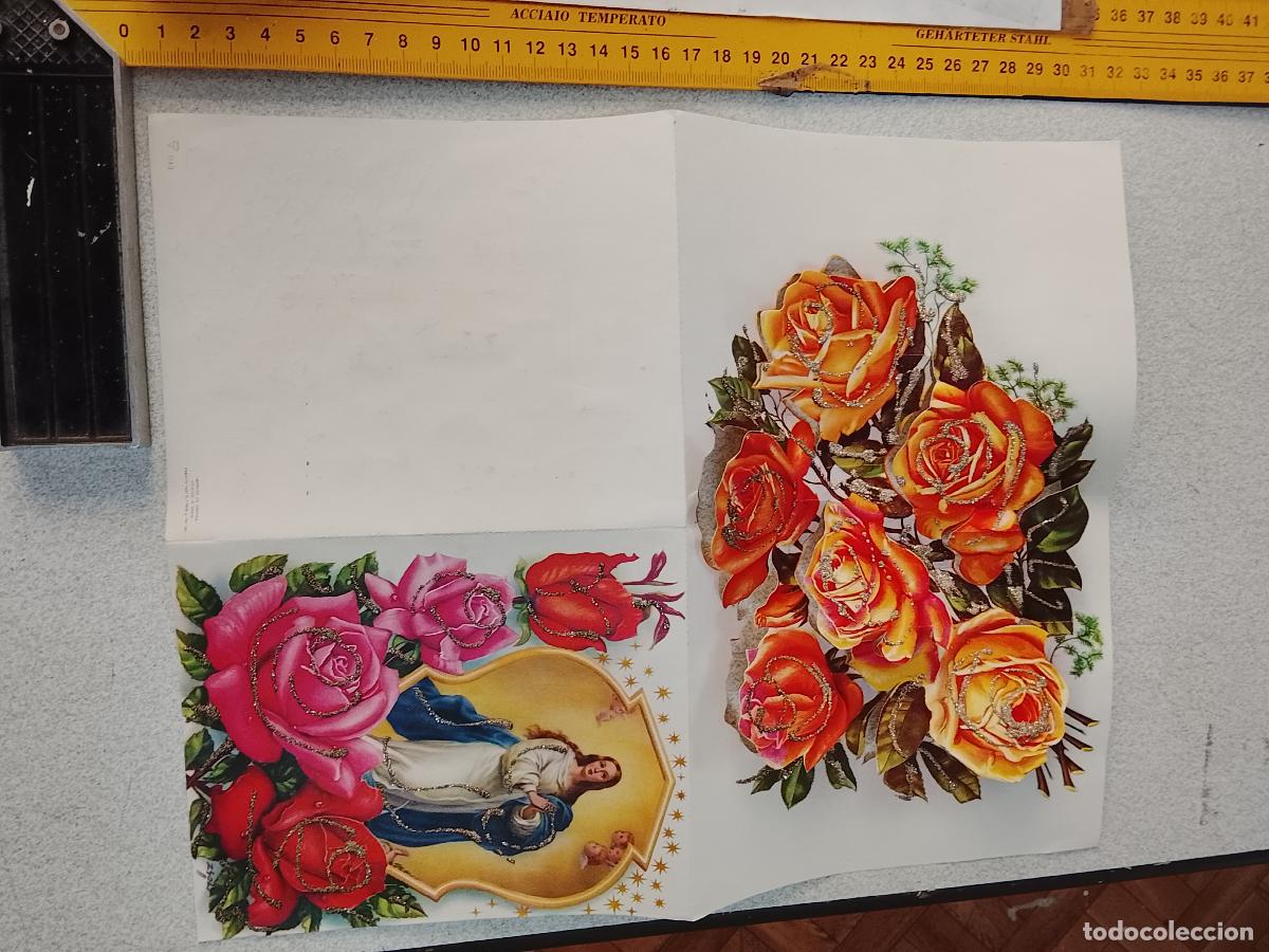 Postales: Antigua felicitaci&oacute;n de Navidad troquelada Virgen Inmaculada purpurina