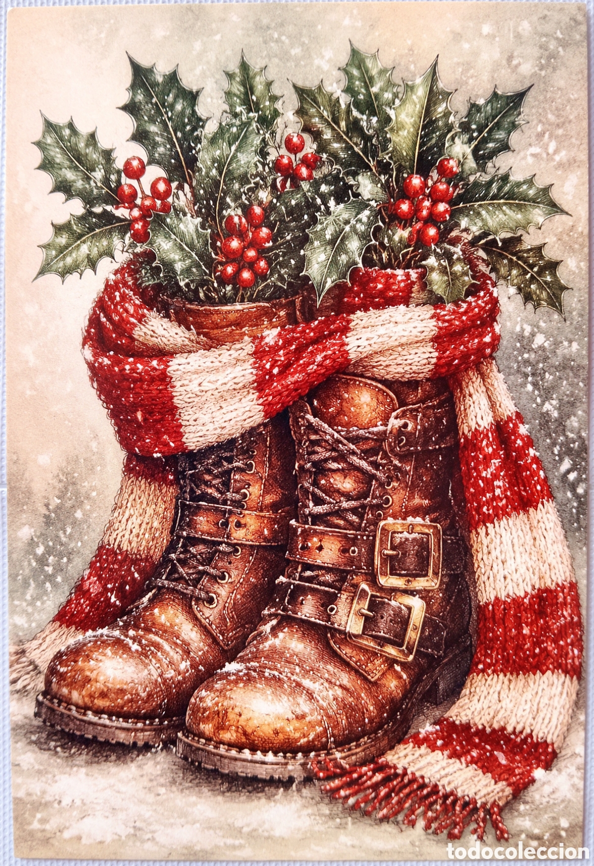 Postales: POSTAL NAVIDAD - DETALLE BOTAS BUFANDA ACEBO NIEVE- ESTILO ANTIGUO